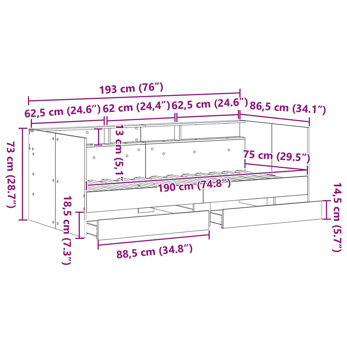 Daybed With Drawers Artisan Oak Engineered Wood 75 X 190 Cm