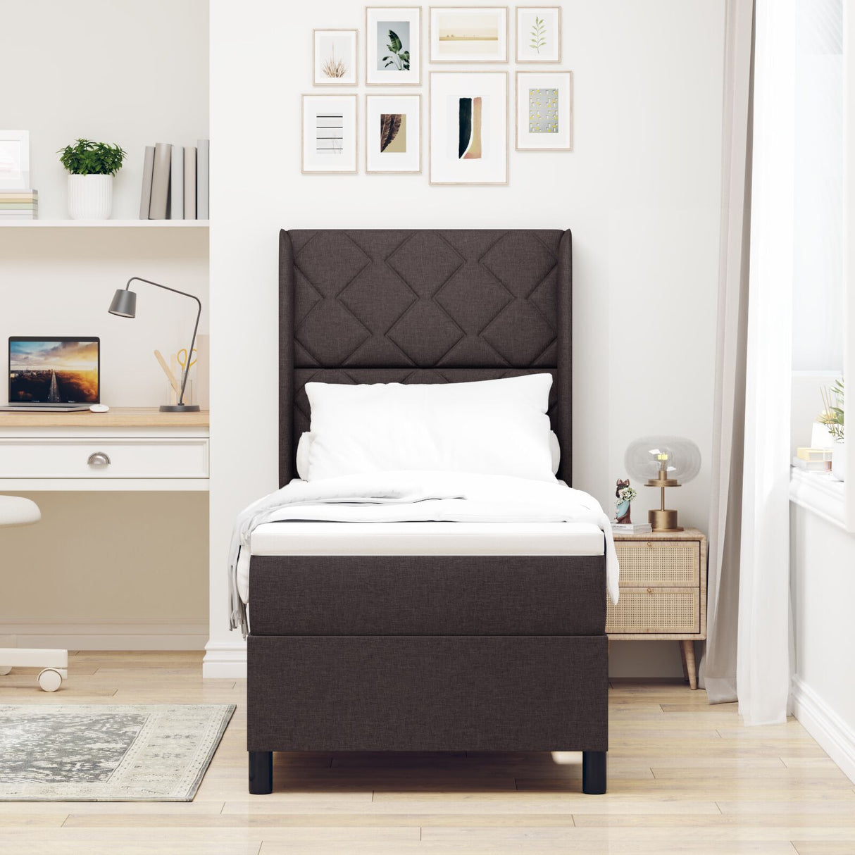 Box Spring Bed With Mattress & Led Dark Brown 90X190 Cm Fabric