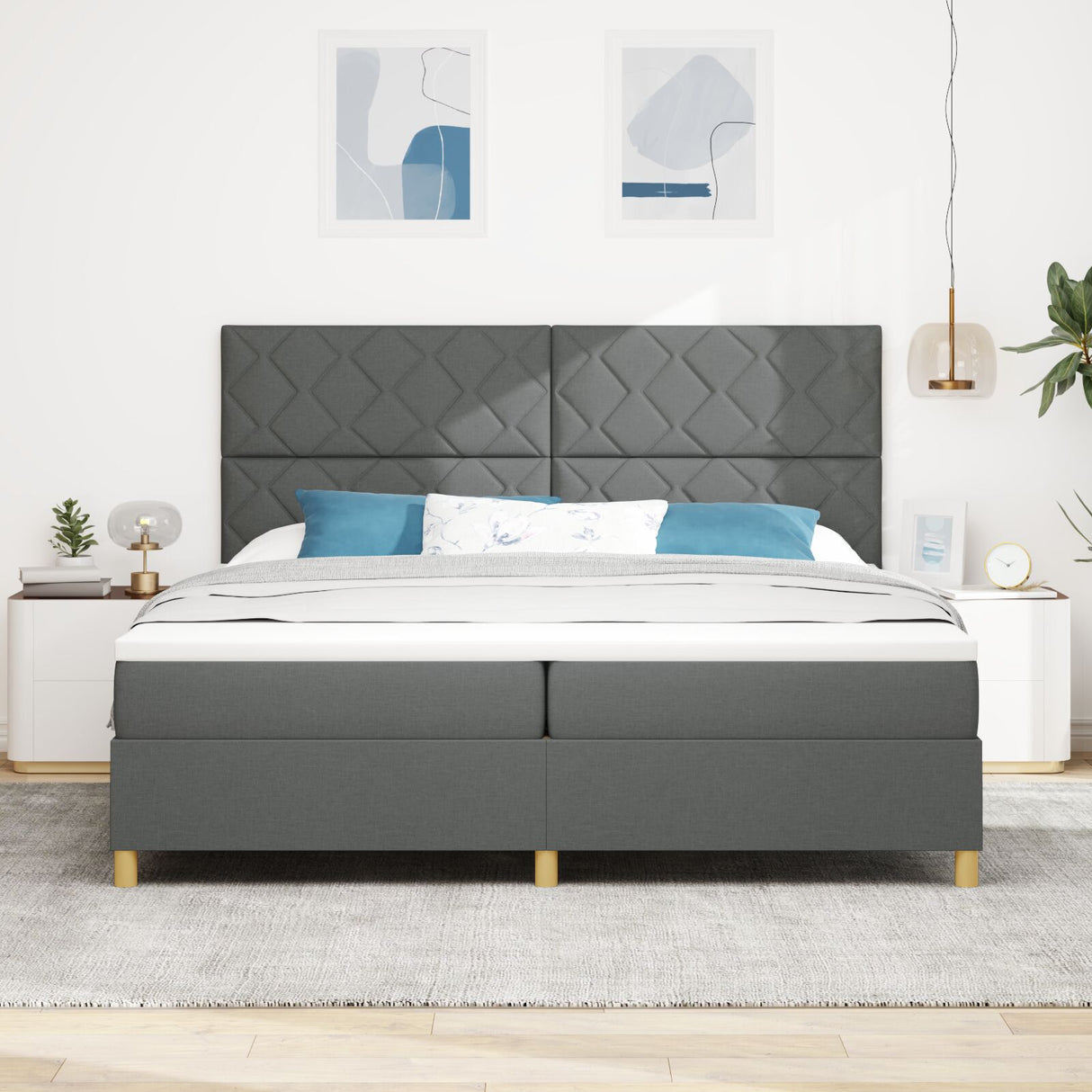 Box Spring Bed With Mattress & Led Dark Grey 200X200 Cm Fabric