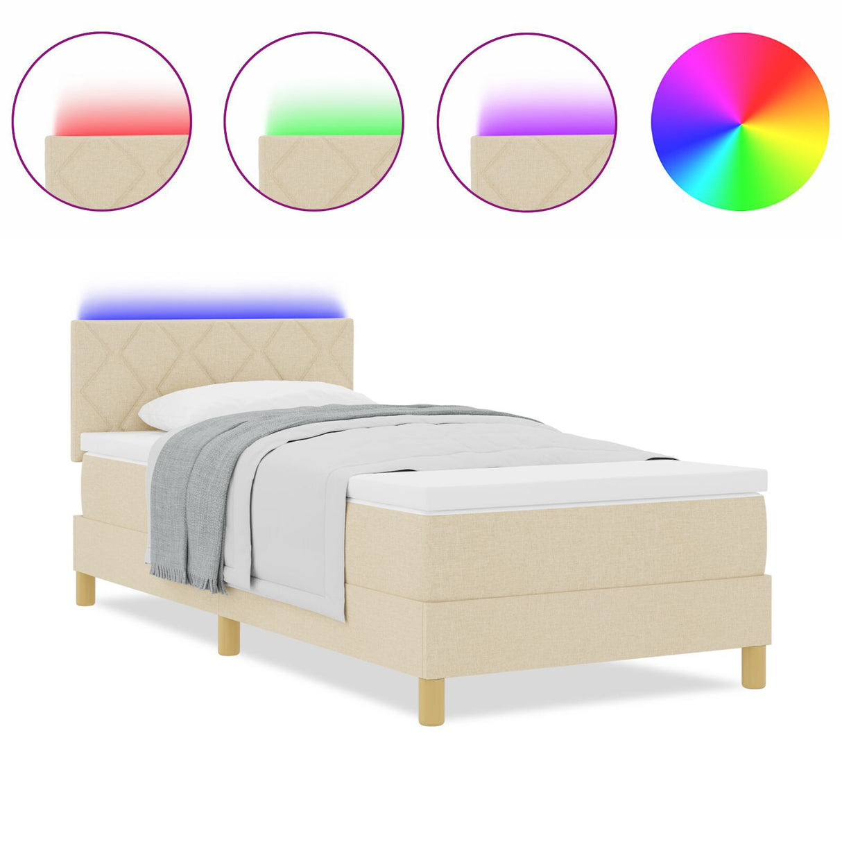 Box Spring Bed With Mattress & Led Cream 90X200 Cm Fabric