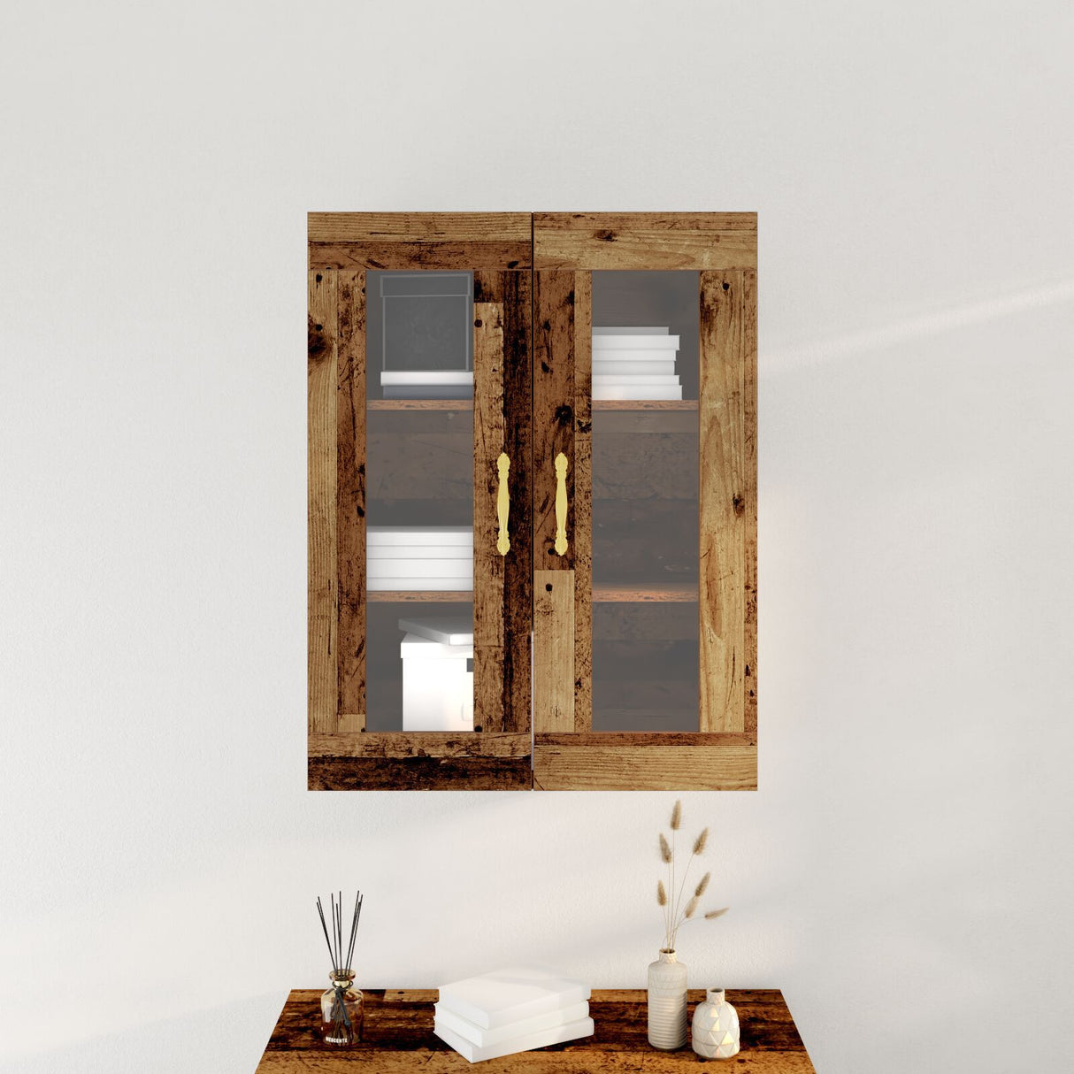 Wall-Mounted Cabinet With Glass Doors Old Wood 69,5X34X90 Cm