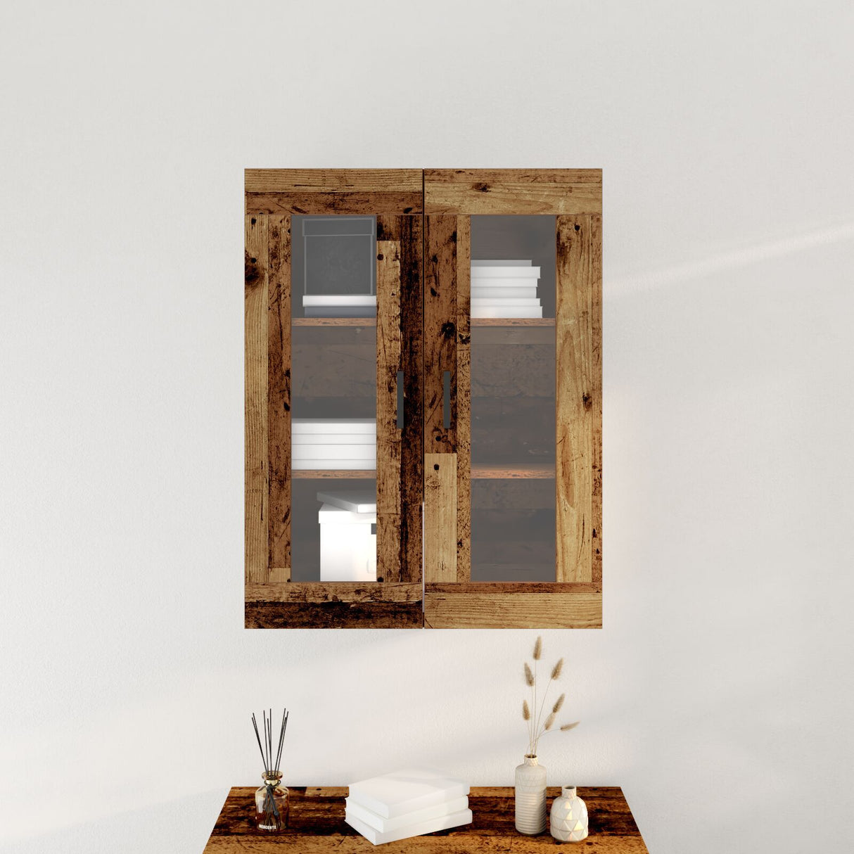 Wall-Mounted Cabinet With Glass Doors - Old Wood - 69.5X34X90 Cm