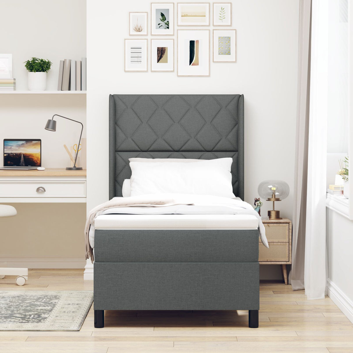 Box Spring Bed With Mattress & Led Dark Grey 90X200 Cm Fabric