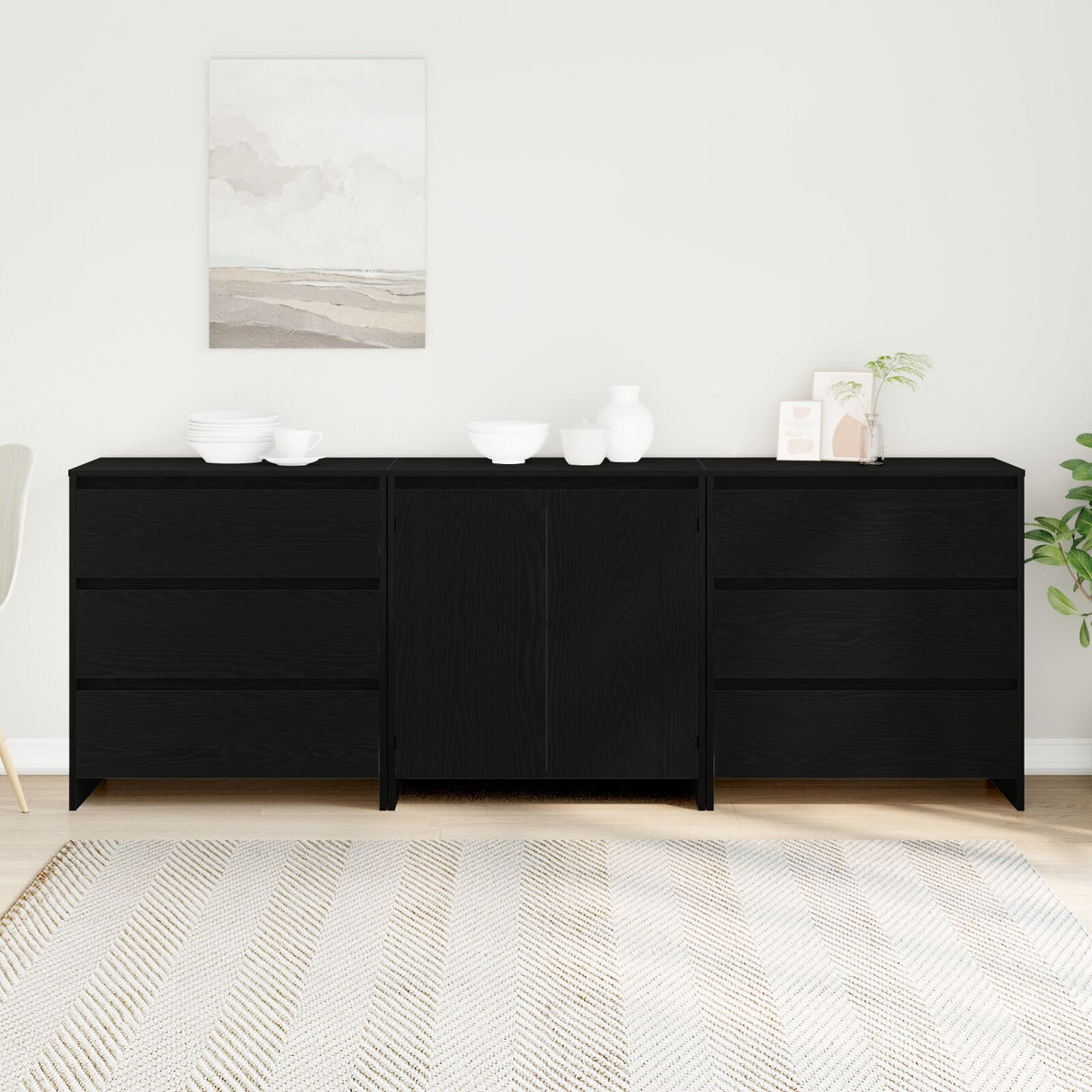 3-Piece Sideboards In Black Oak Engineered Wood