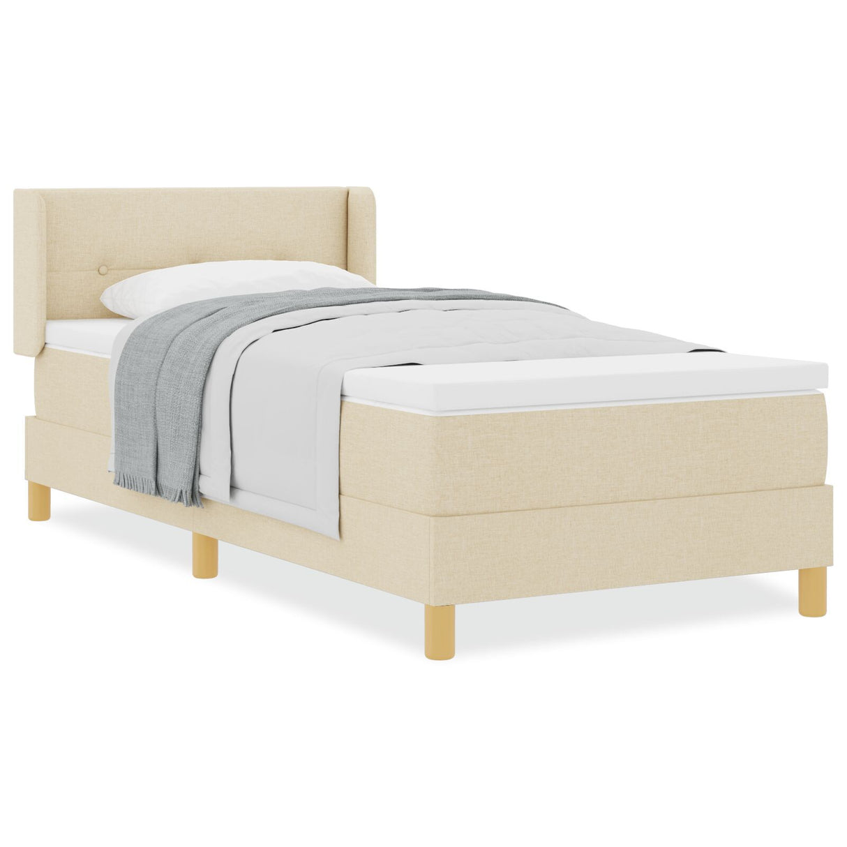 Box Spring Bed With Mattress Cream 90X200 Cm Fabric, Headboard Button Tufted Cream 90 Cm Fabric