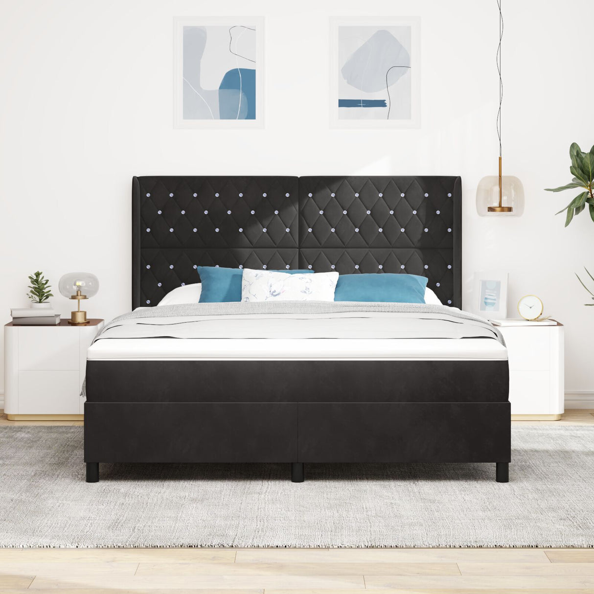 Box Spring Bed With Mattress & Led Black 180X200 Cm Velvet