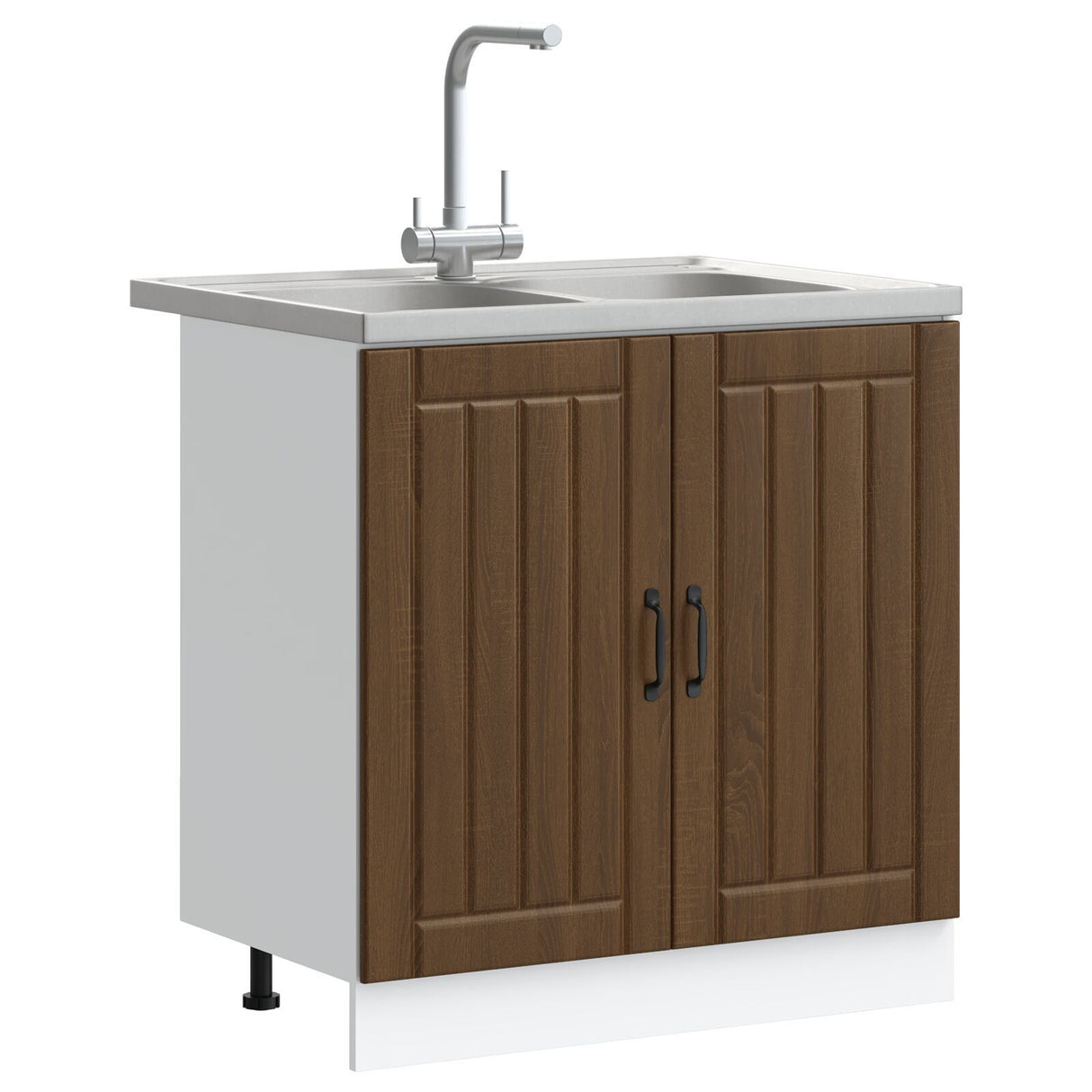 Kitchen Cabinet "Lucca" With Double Basins Brown Oak Engineered Wood