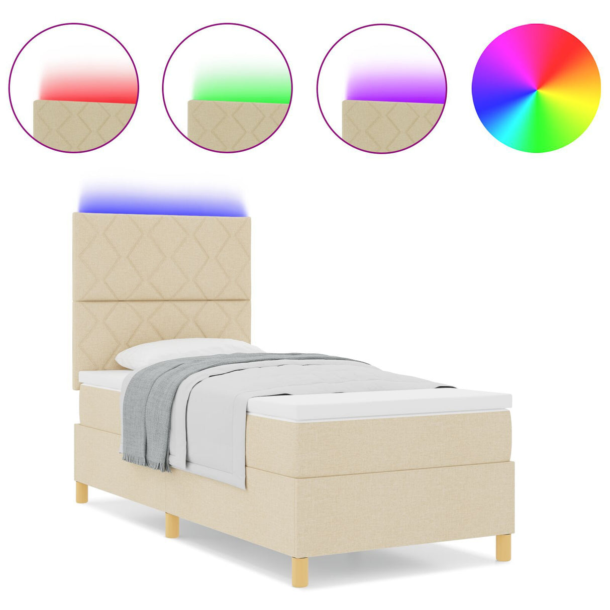 Box Spring Bed With Mattress & Led Cream 100X200 Cm Fabric