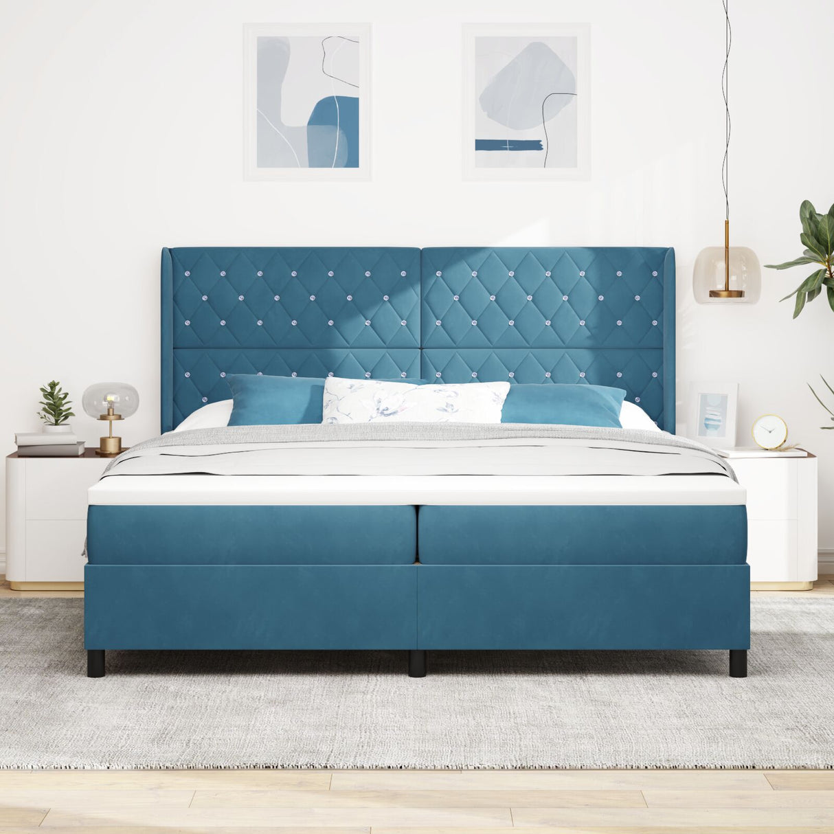 Box Spring Bed With Mattress Dark Blue 200X200 Cm Velvet