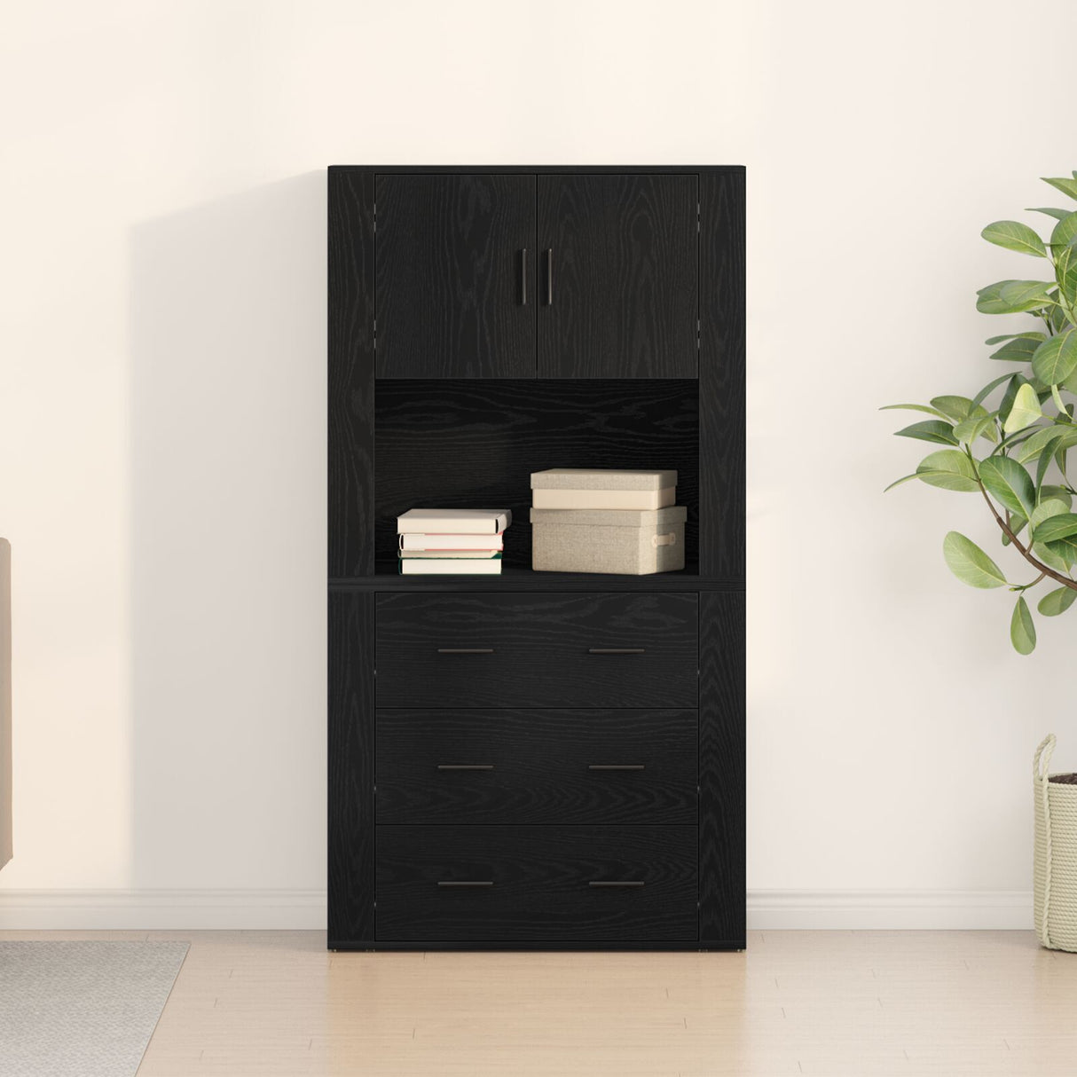 Highboard Black Oak 80X33X150 Cm Engineered Wood