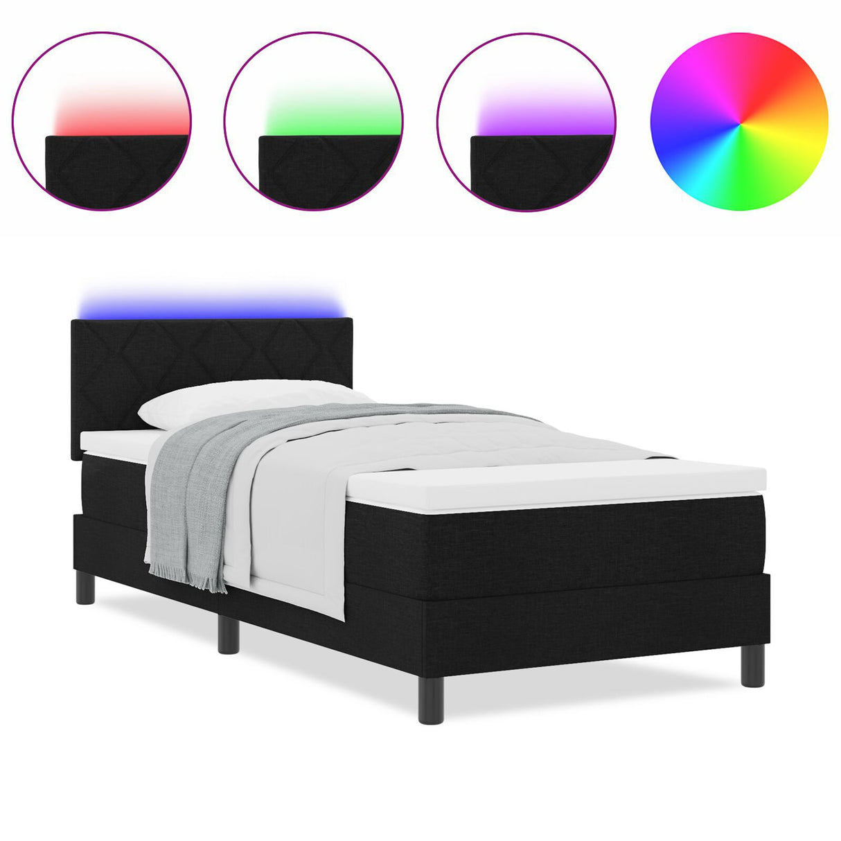 Box Spring Bed With Mattress & Led Black 90X200 Cm Fabric