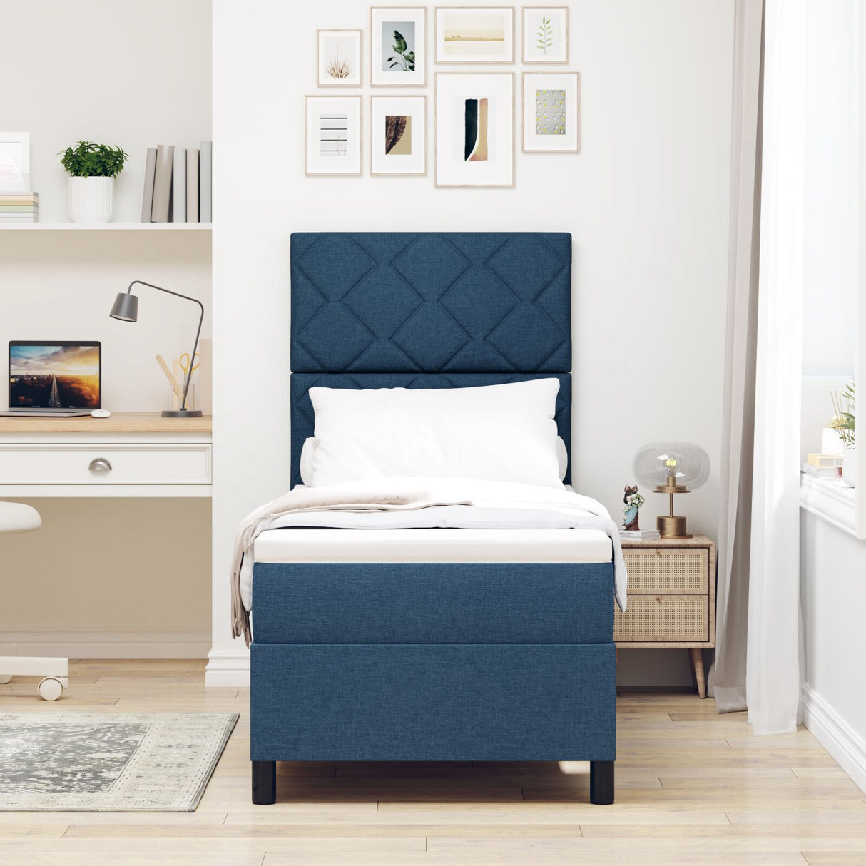 Box Spring Bed With Mattress & Led Blue 80X200 Cm Fabric