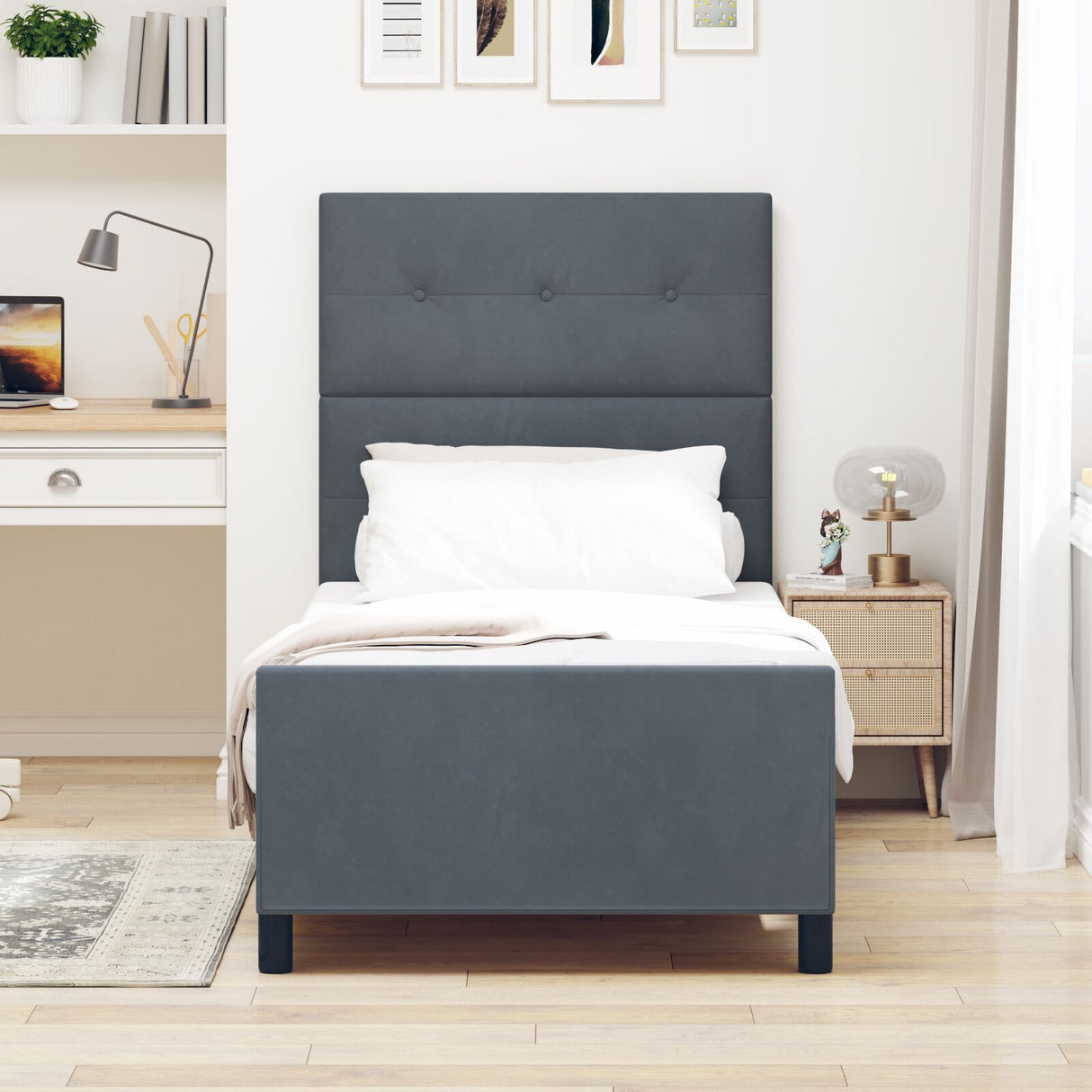 Bed Frame In Dark Grey, 100X200 Cm, Made Of Velvet