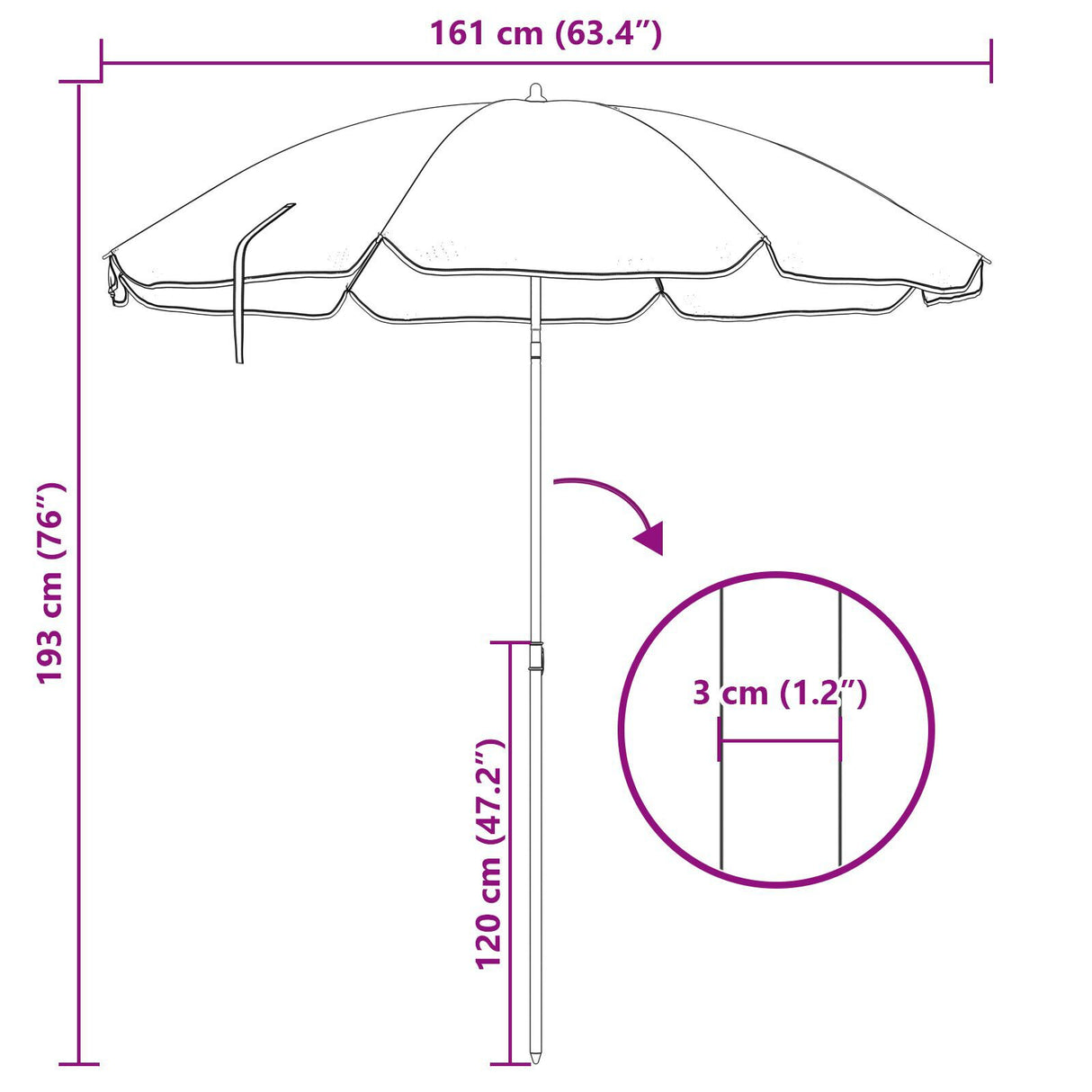 Beach Parasol With Metal Pole Blue & White 161X193 Cm Polyester