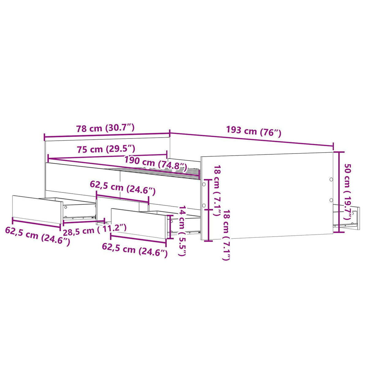 Bed Frame Without Mattress Old Wood 75X190 Cm Engineered Wood