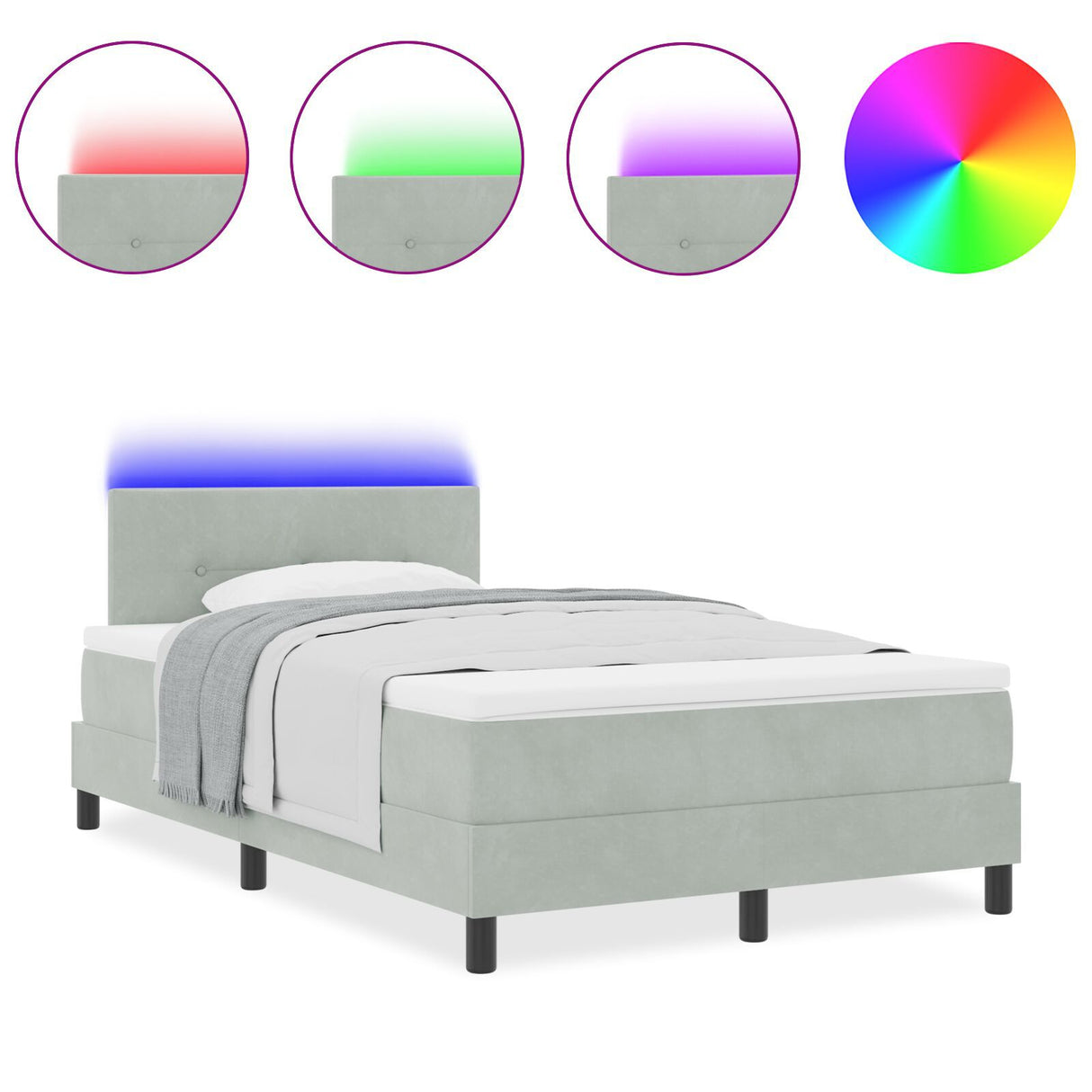 Box Spring Bed With Mattress & Led Light Grey 120X190 Cm Velvet