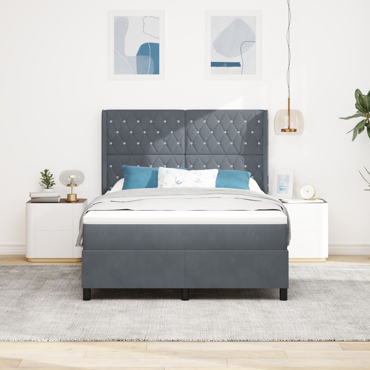 Box Spring Bed With Mattress & Led Dark Grey 140X190 Cm Velvet