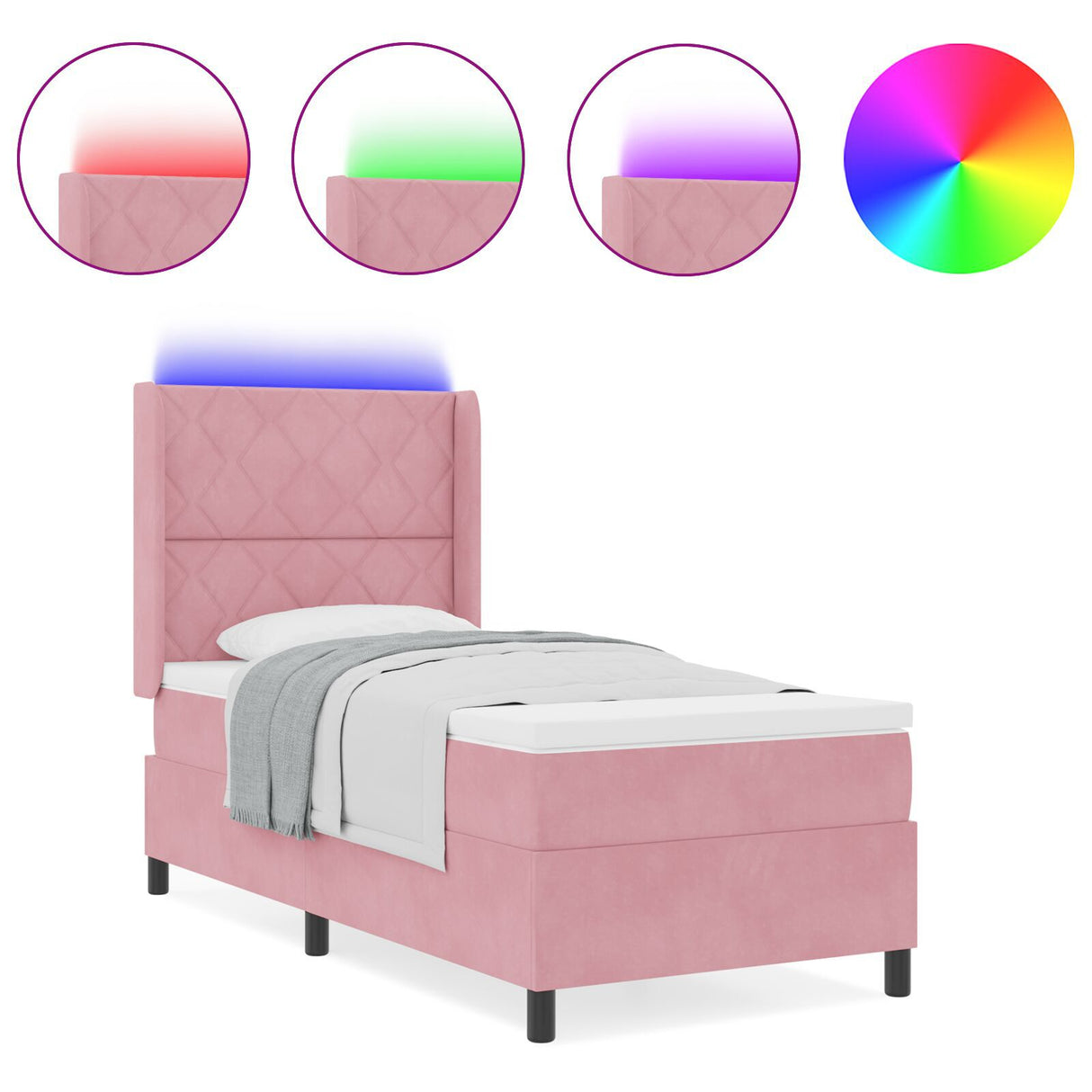 Box Spring Bed With Mattress & Led Pink 90X190 Cm Velvet