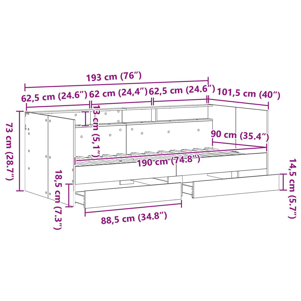 Daybed With Black Oak Drawers Black Oak Engineered Wood 90 X 190 Cm