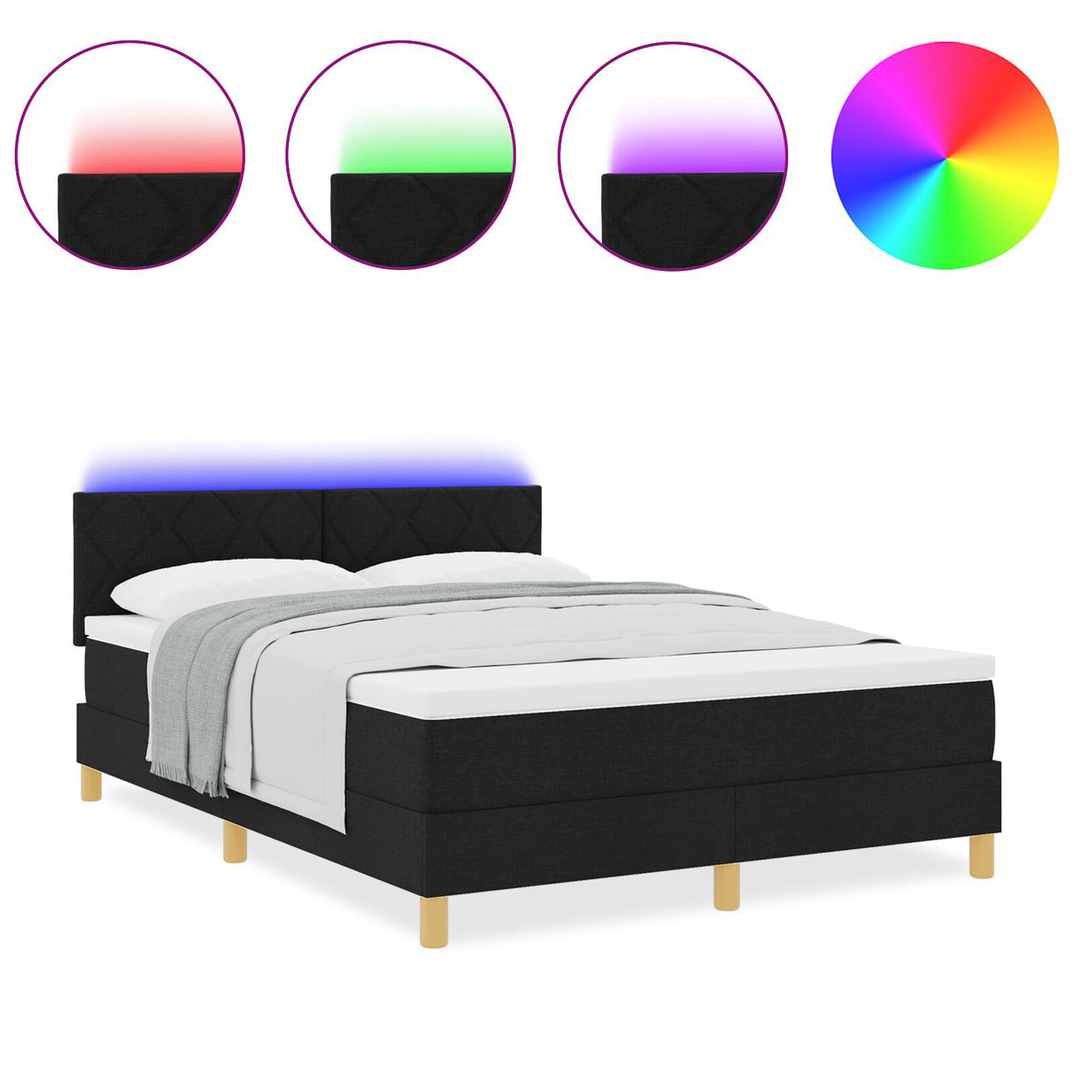 Box Spring Bed With Mattress & Led Black 140X200 Cm Fabric
