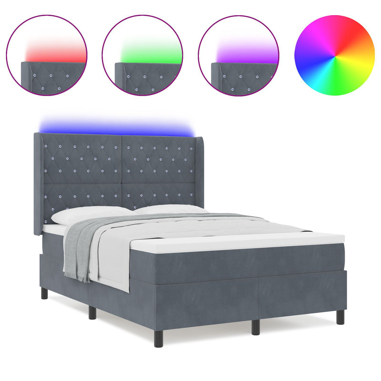 Box Spring Bed With Mattress & Led Dark Grey 140X190 Cm Velvet