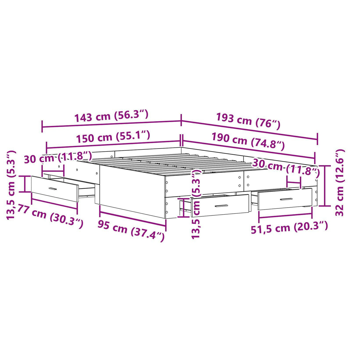 Bed Frame With Drawers Old Wood Engineered Wood 140 X 190 Cm