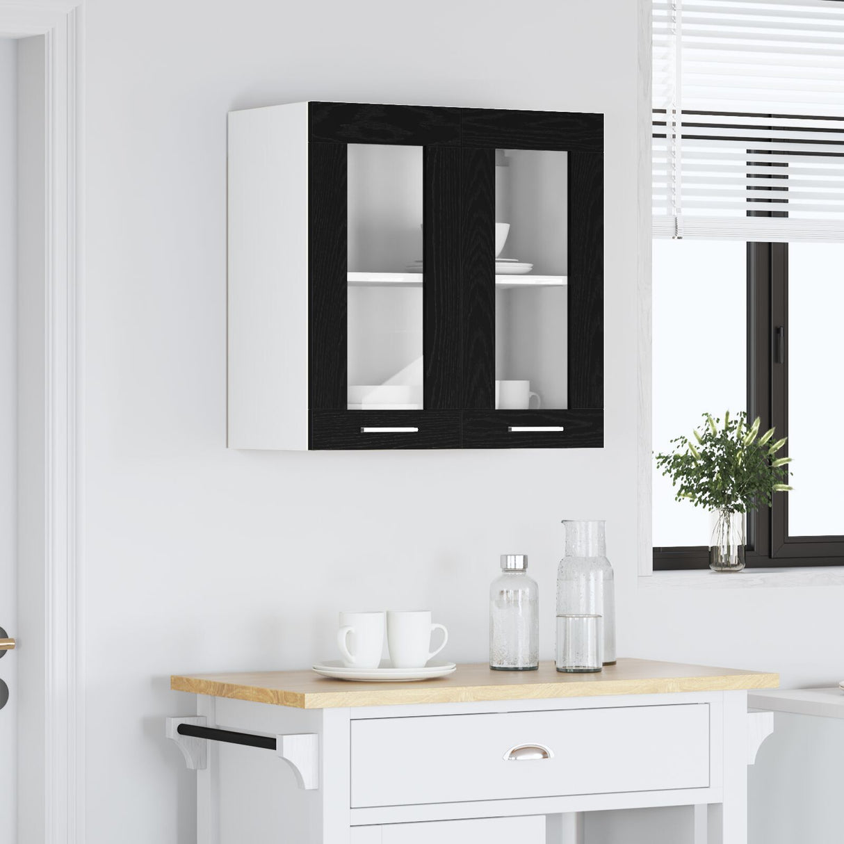 Hanging Glass Cabinet In Black Oak - 60X31X60 Cm, Made From Engineered Wood