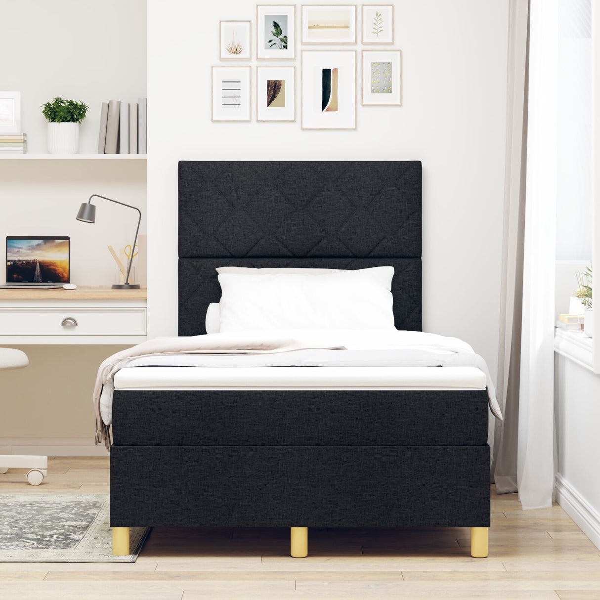 Box Spring Bed With Mattress & Led Black 120X190 Cm Fabric
