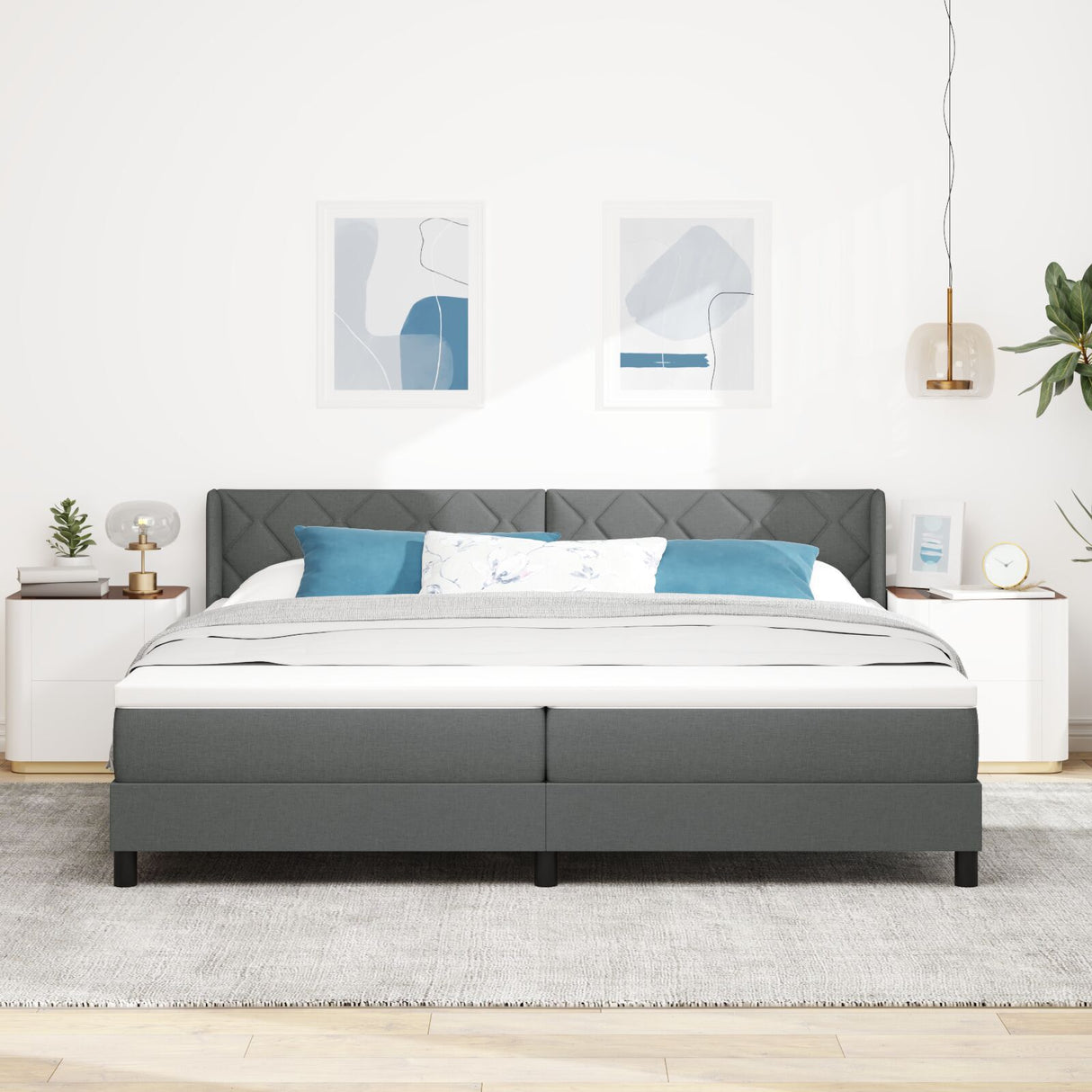 Box Spring Bed With Mattress Dark Grey 200X200 Cm Fabric, Headboard Diamond Blocks Design Dark Grey 200 Cm Fabric