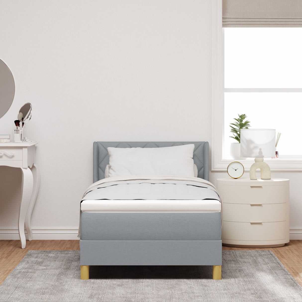 Box Spring Bed With Mattress Light Grey 90X200 Cm Fabric, Headboard Diamond Blocks Design Light Grey 90 Cm Fabric