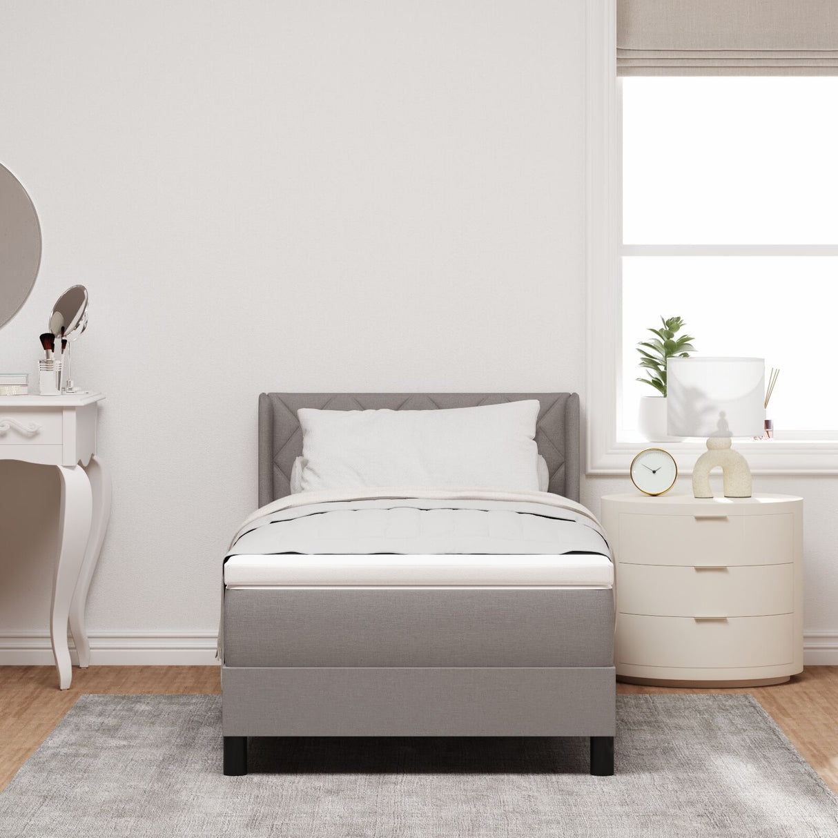 Box Spring Bed With Mattress Taupe 90X200 Cm Fabric, Headboard Diamond Blocks Design Taupe 90 Cm Fabric