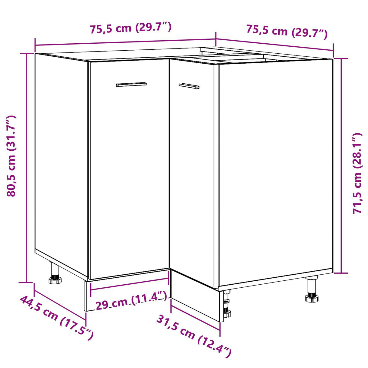 Black Oak Corner Bottom Cabinet - 75.5X75.5X81.5 Cm, Made Of Engineered Wood