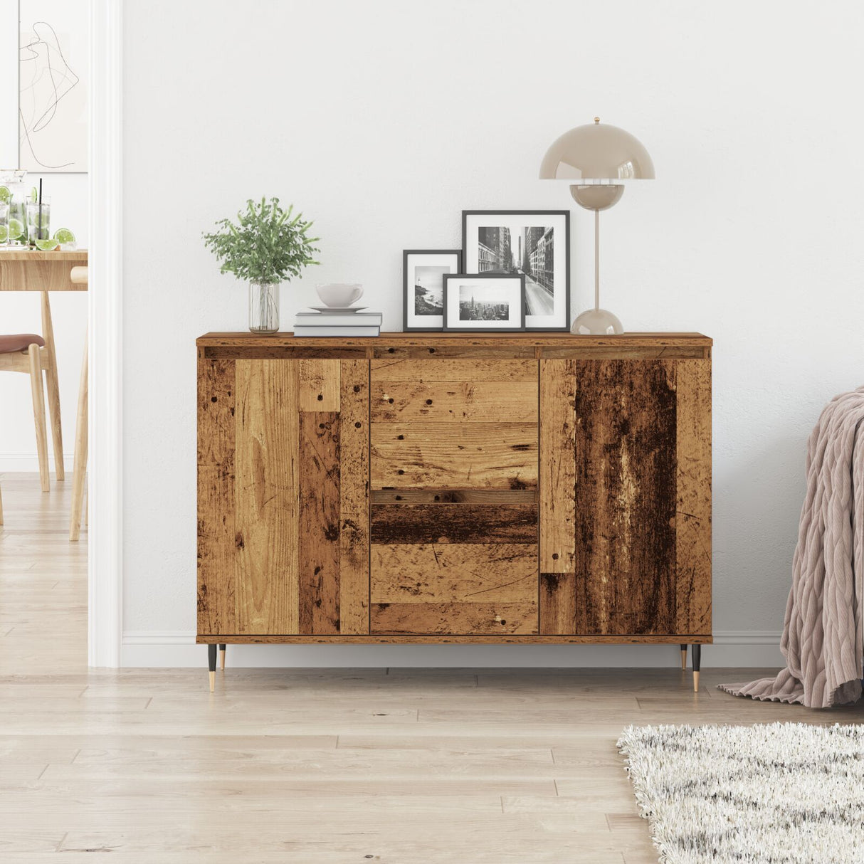 Sideboard With Doors & Drawers Old Wood 101,5X35X70 Cm