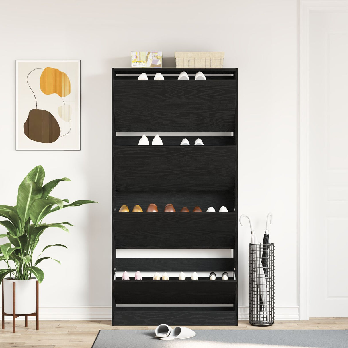 Shoe Cabinet Black Oak Engineered Wood 80 X 21 X 163.5 Cm Durable