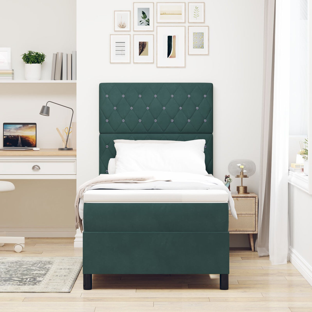 Box Spring Bed With Mattress & Led Dark Green 90X190 Cm Velvet