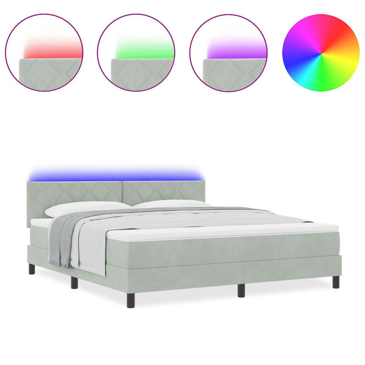 Box Spring Bed With Mattress & Led Light Grey 180X200 Cm Velvet