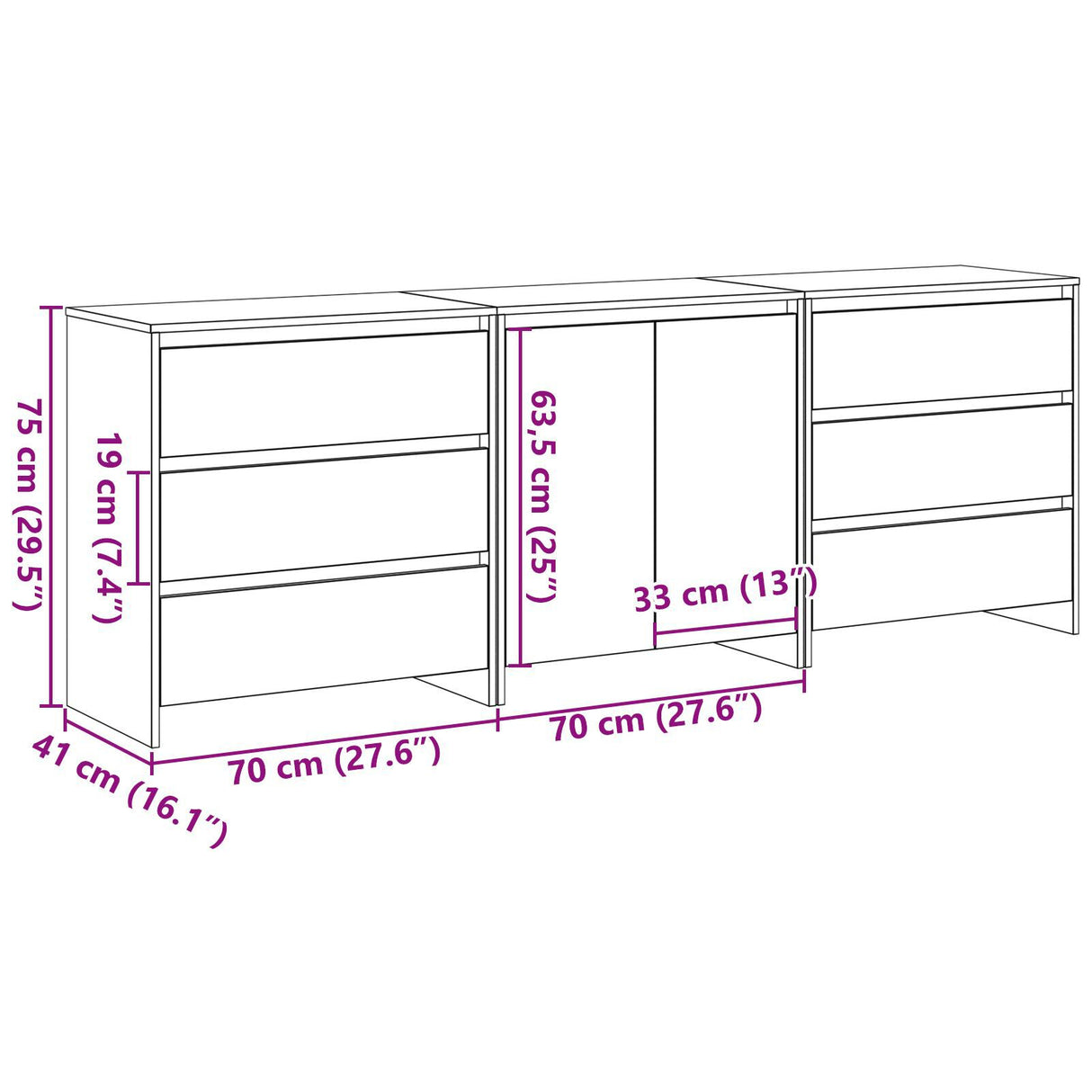 3-Piece Sideboards In Black Oak Engineered Wood