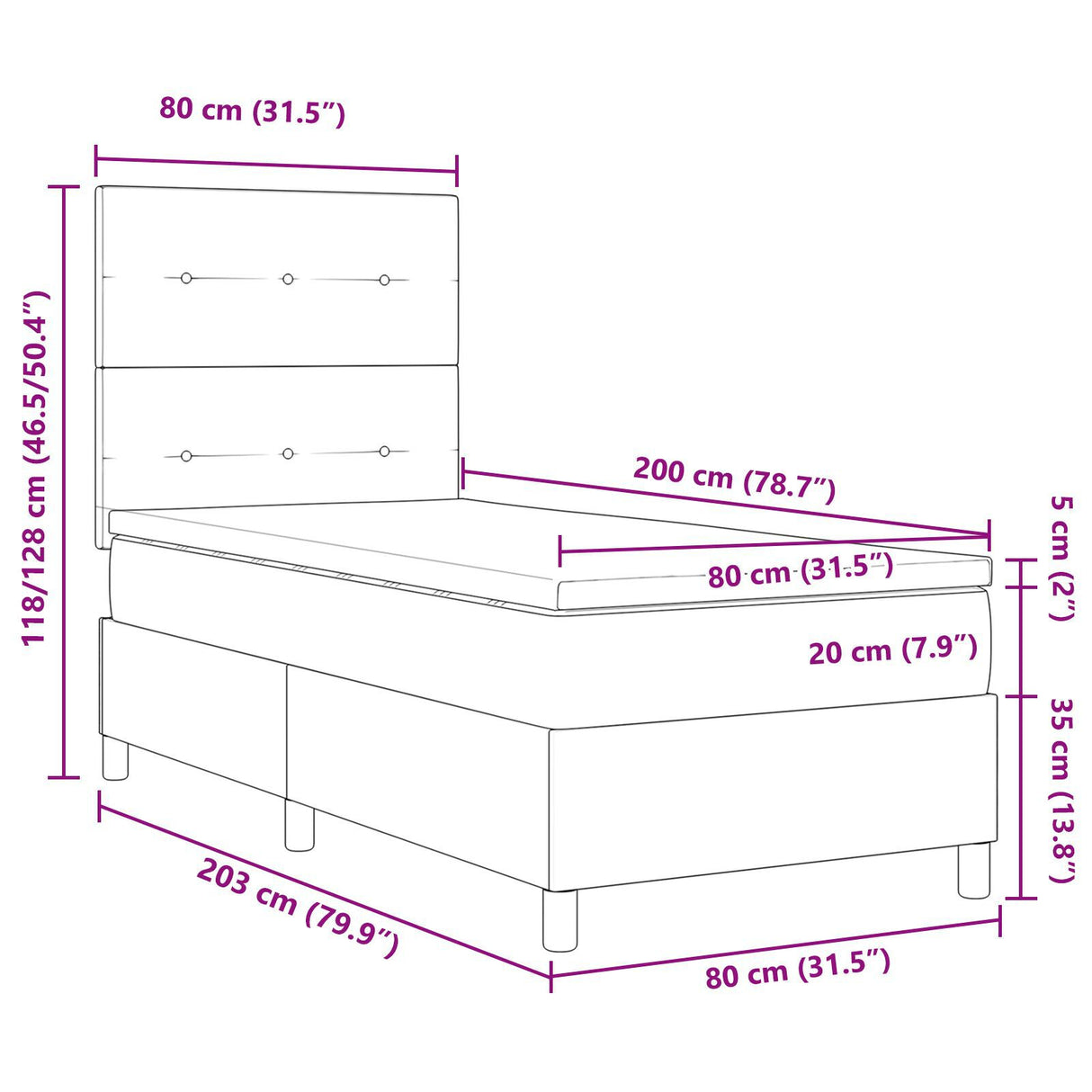 Box Spring Bed With Mattress & Led Black 80X200 Cm Fabric
