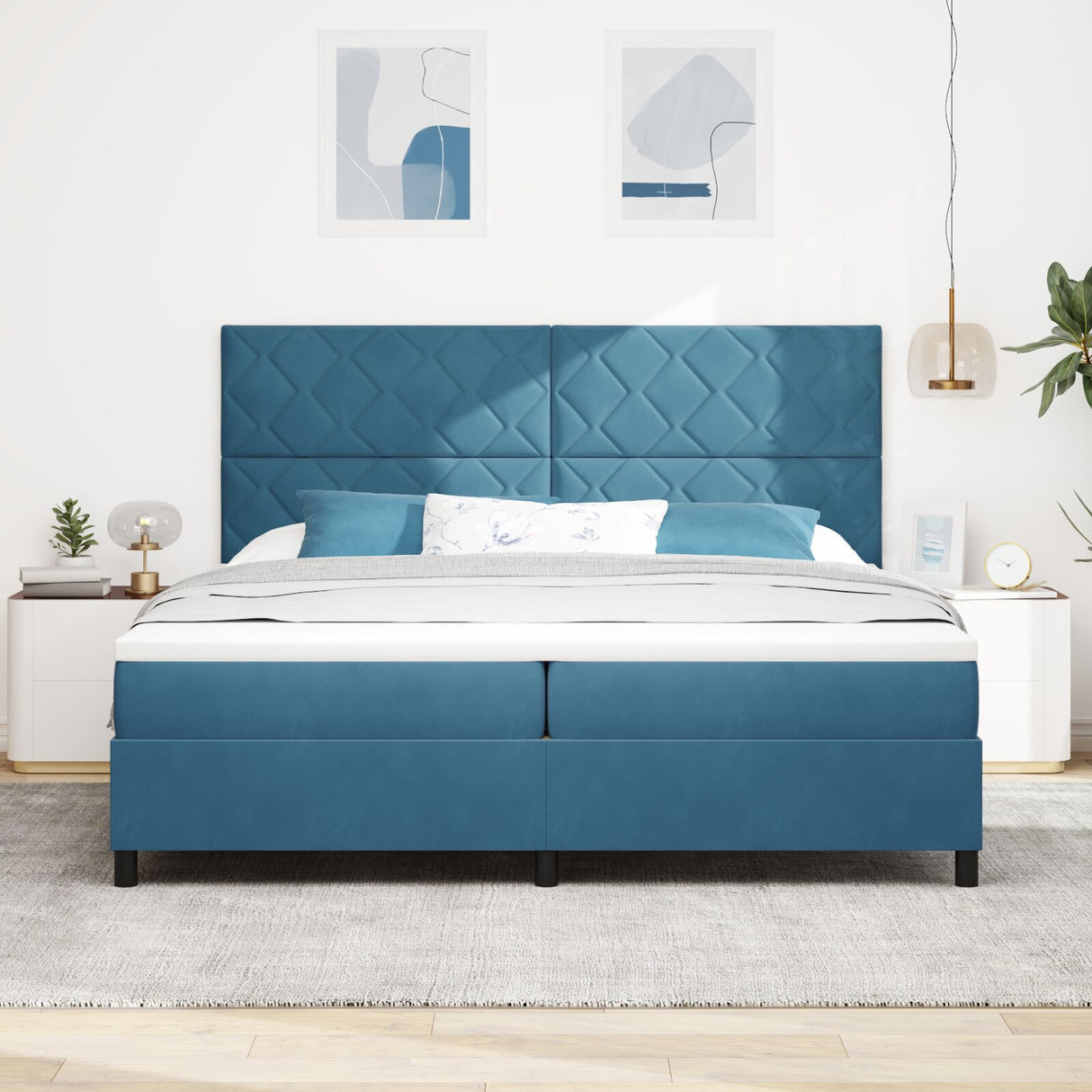 Box Spring Bed With Mattress & Led Dark Blue 200X200 Cm Velvet