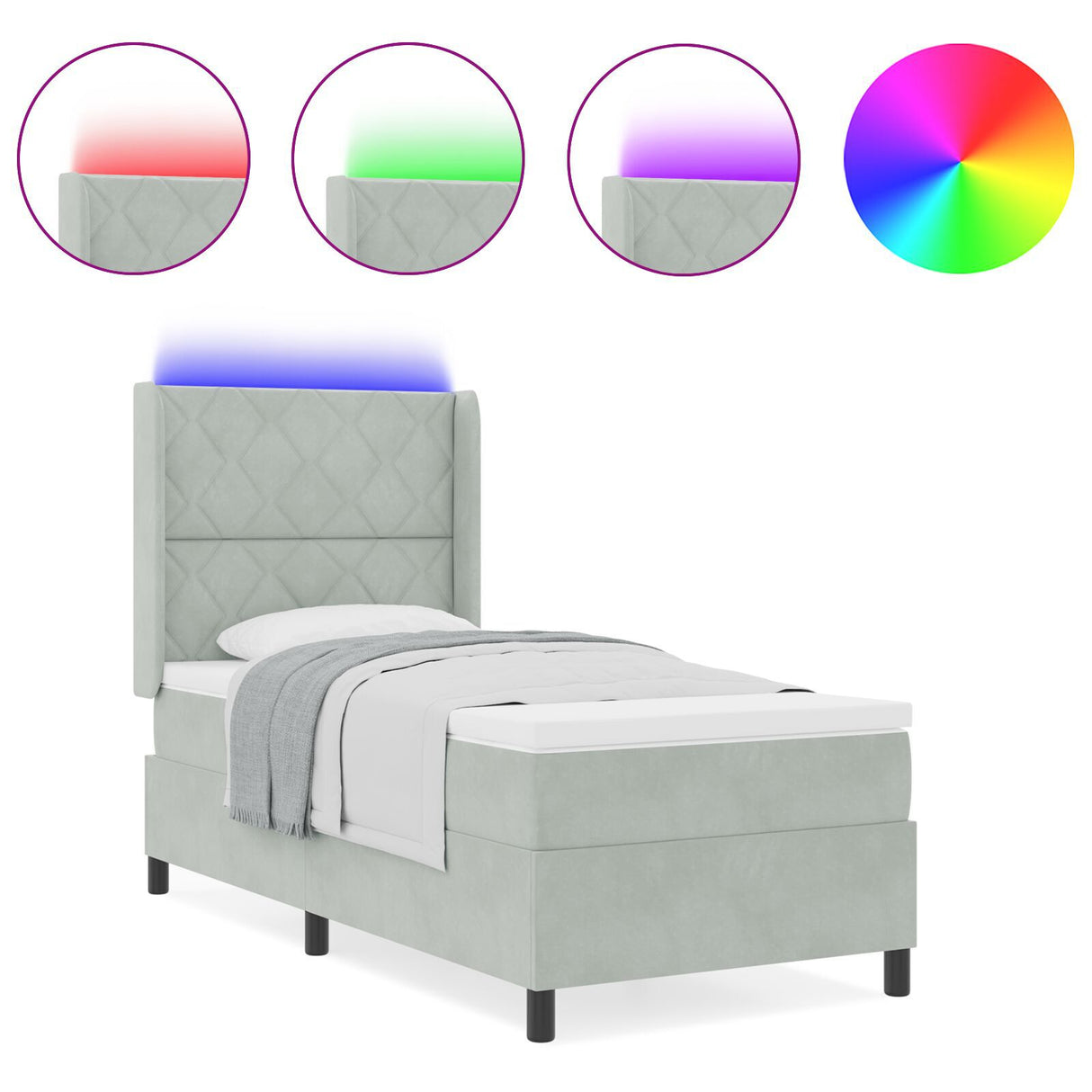 Box Spring Bed With Mattress & Led Light Grey 90X190 Cm Velvet