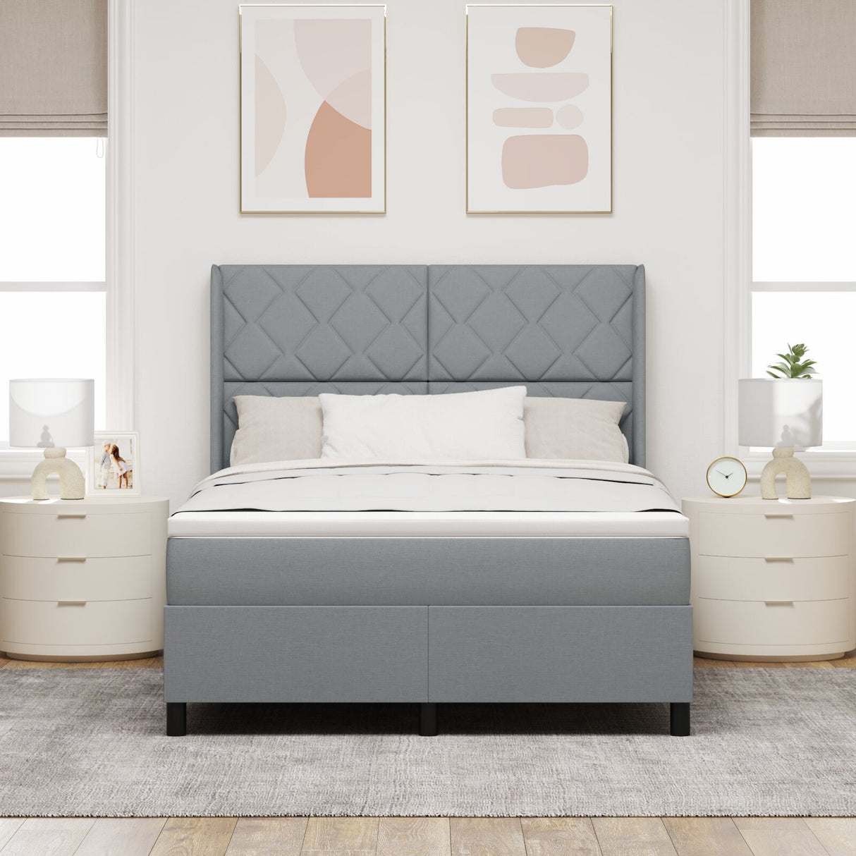 Box Spring Bed With Mattress & Led Light Grey 160X200 Cm Fabric