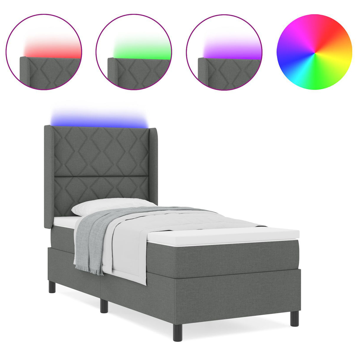 Box Spring Bed With Mattress & Led Dark Grey 90X200 Cm Fabric