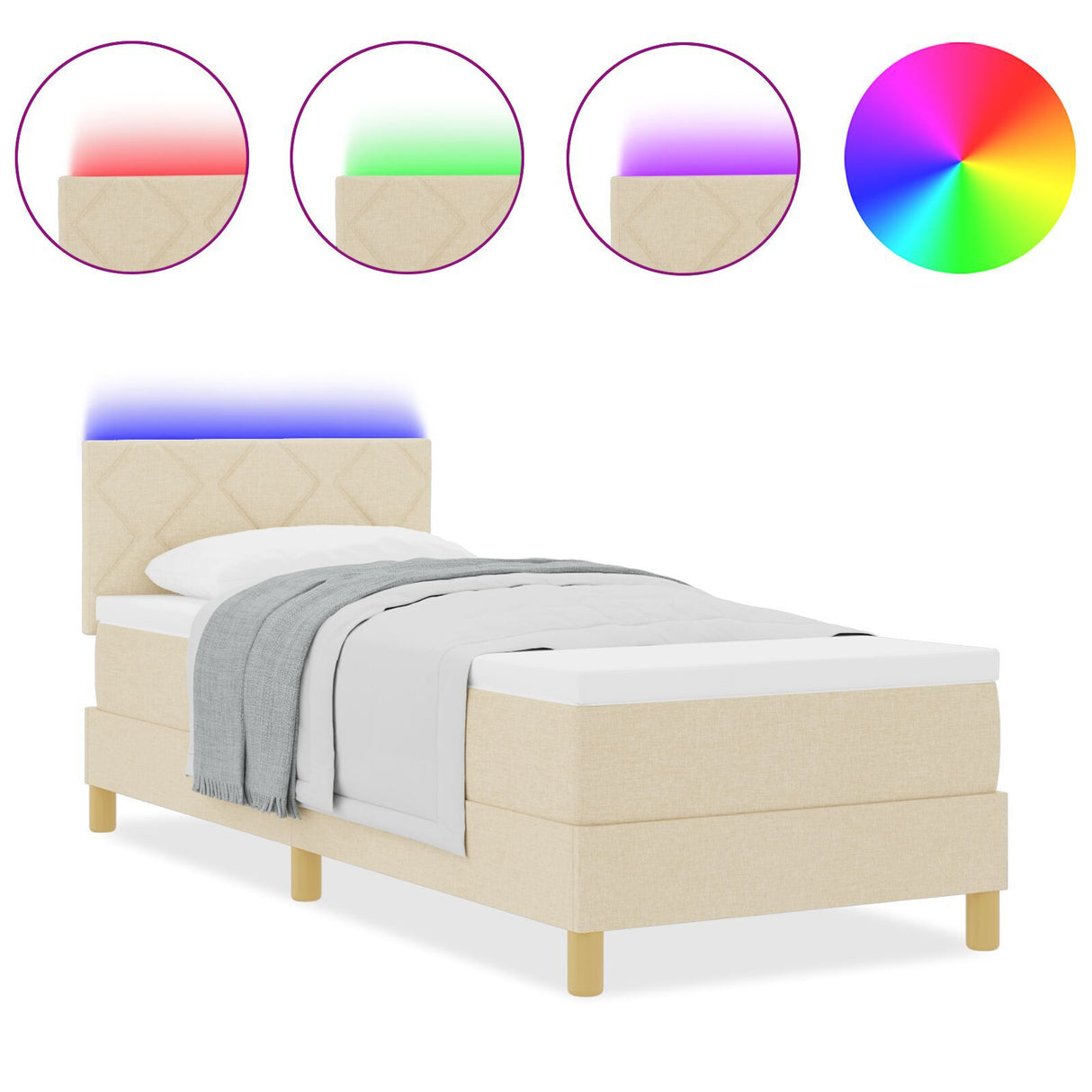 Box Spring Bed With Mattress & Led Cream 80X200 Cm Fabric