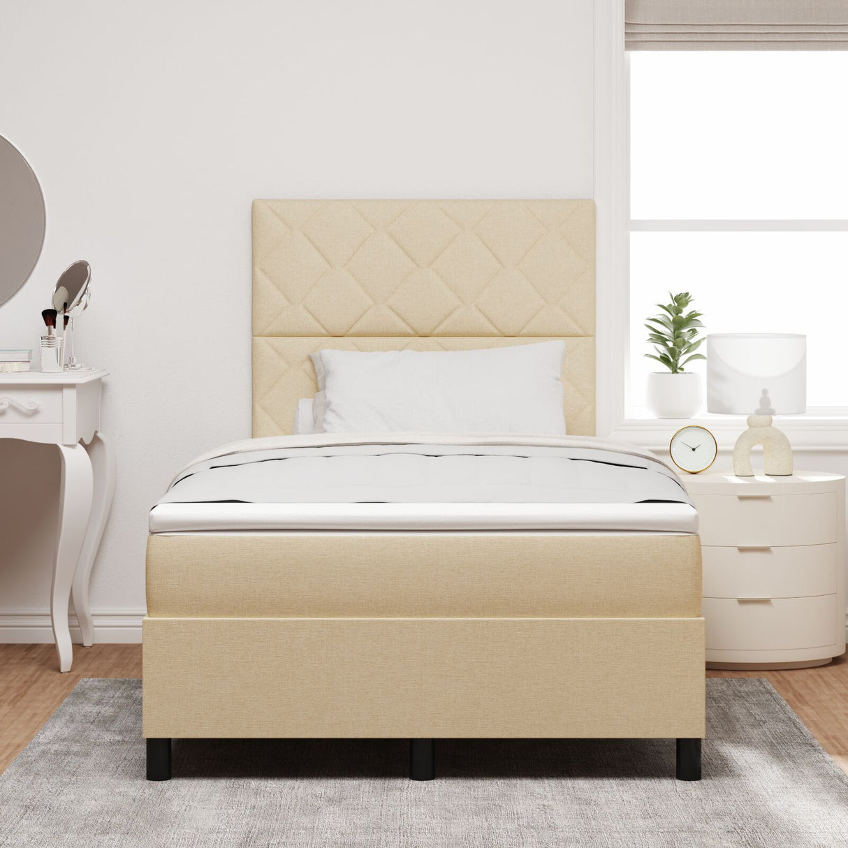 Box Spring Bed With Mattress & Led Cream 120X200 Cm Fabric