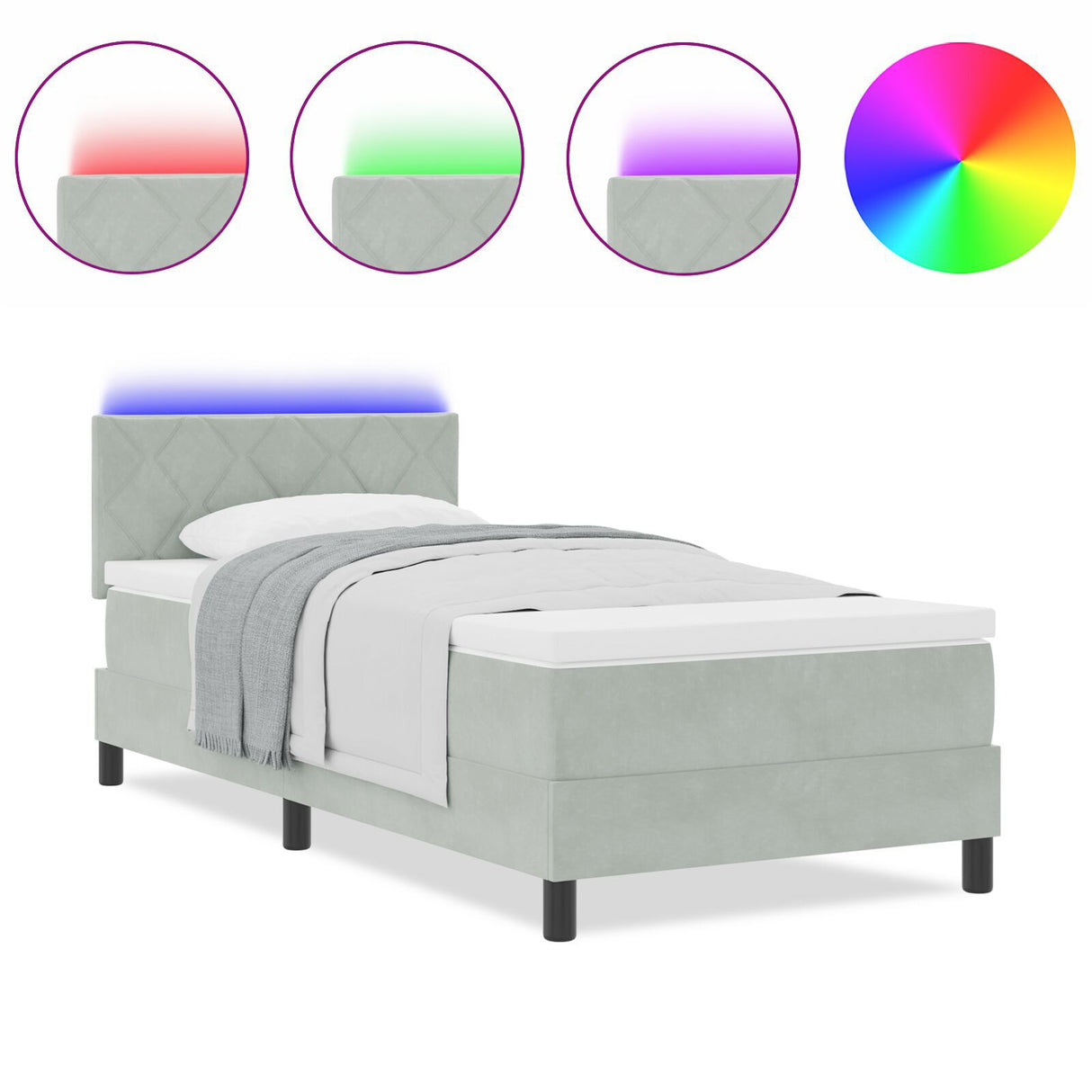 Box Spring Bed With Mattress & Led Light Grey 100X200 Cm Velvet