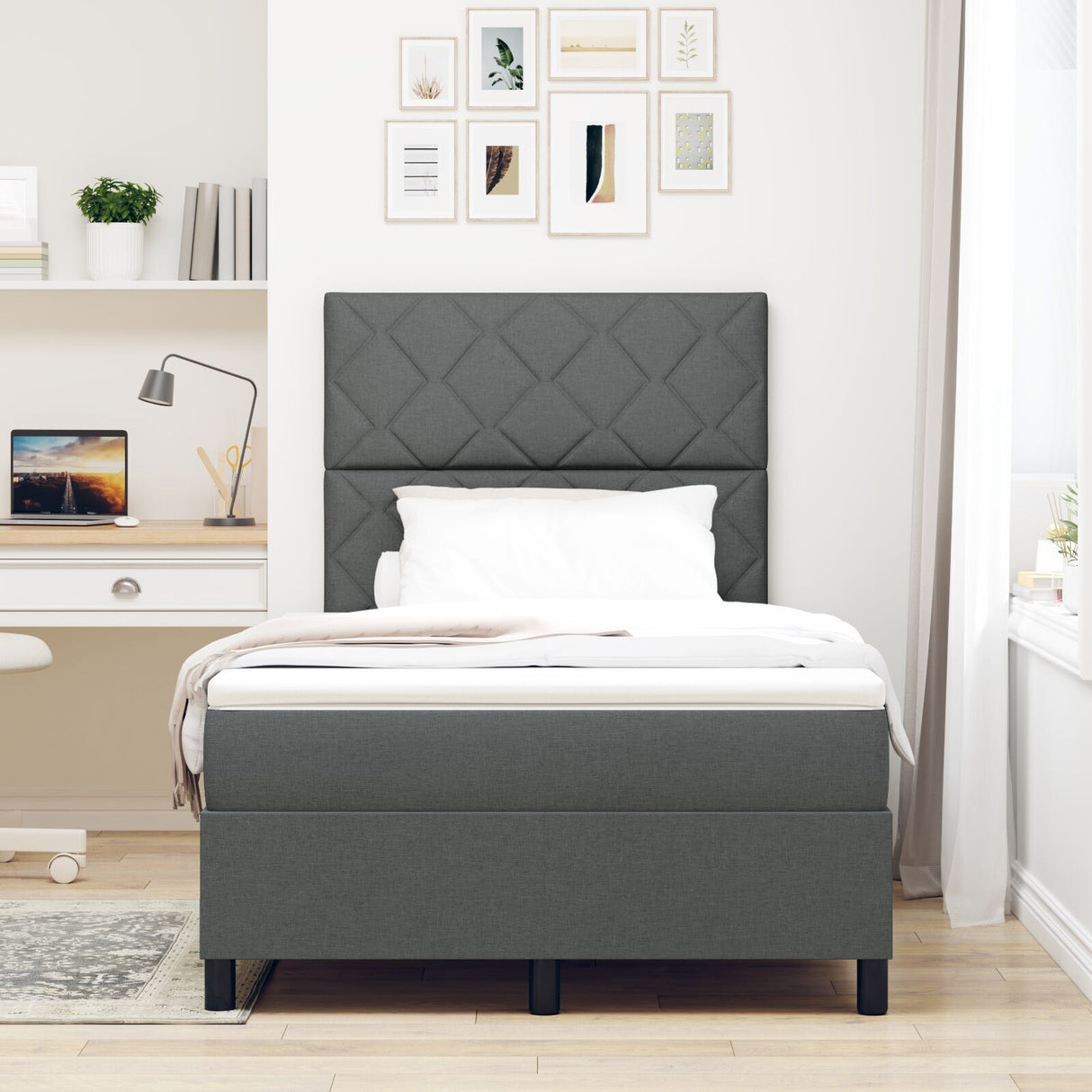 Box Spring Bed With Mattress & Led Dark Grey 120X190 Cm Fabric