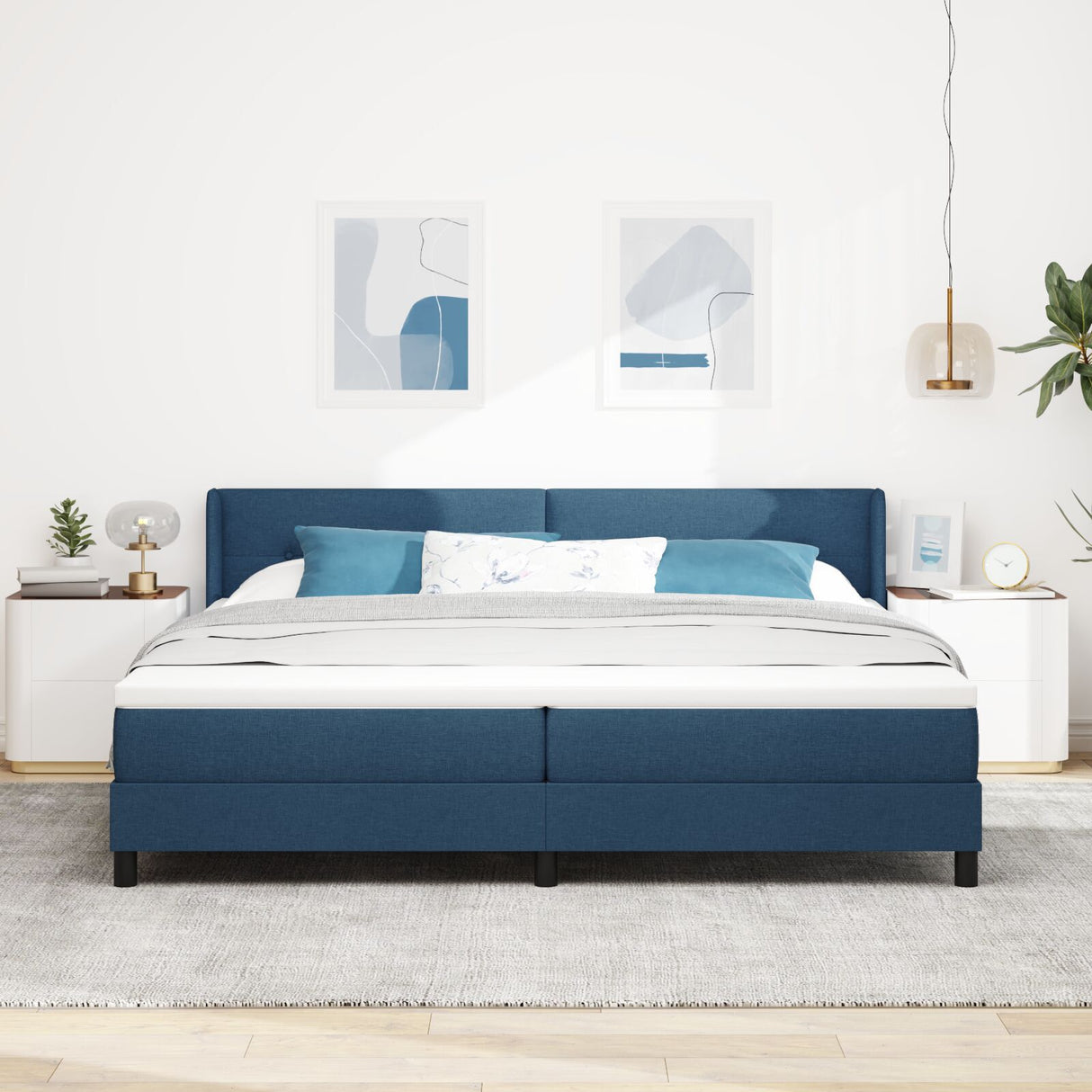 Box Spring Bed With Mattress Blue 200X200 Cm Fabric, Headboard Button Tufted Blue 200 Cm Fabric