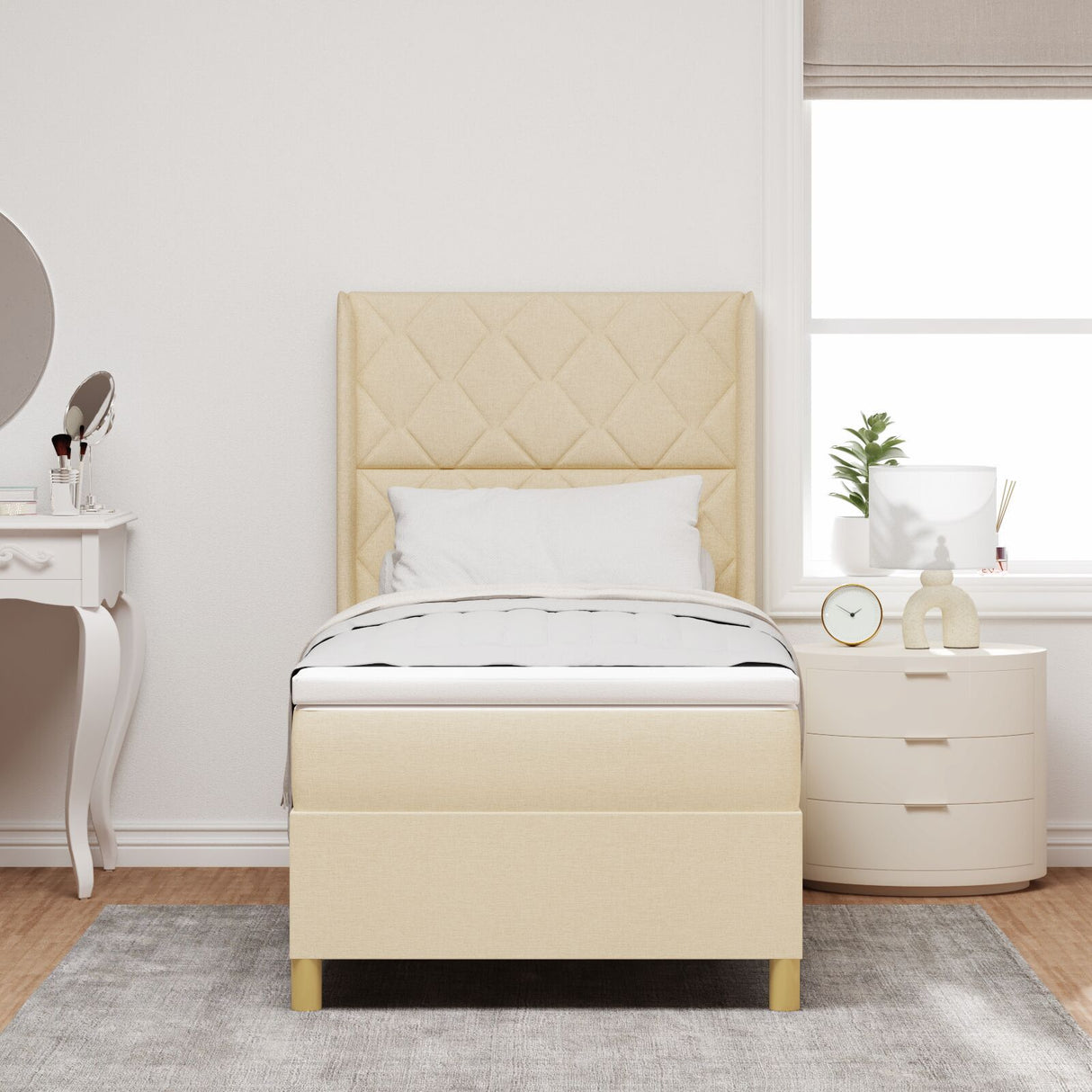 Box Spring Bed With Mattress & Led Cream 90X200 Cm Fabric