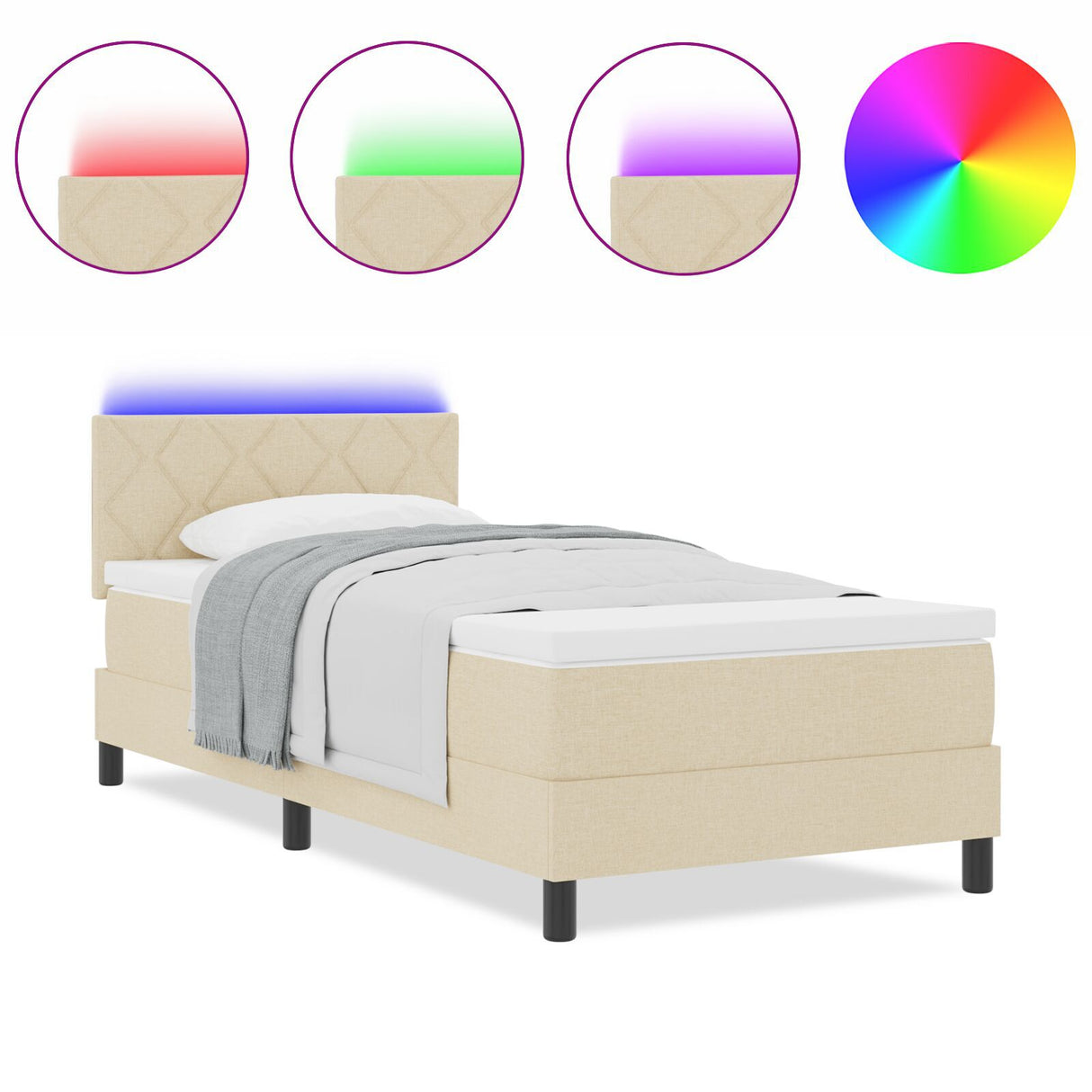 Box Spring Bed With Mattress & Led Cream 100X200 Cm Fabric