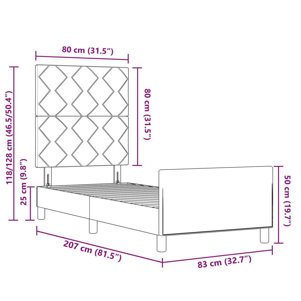 Bed Frame Dark Grey 80X200 Cm Fabric